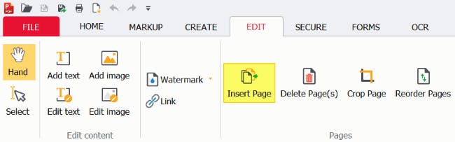 PDF Pro's Edit tab. The Insert Page button is highlighted. 
