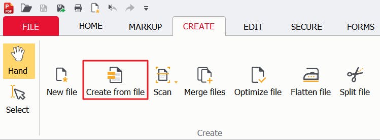 Create from file button with a red box around it in PDF Pro.