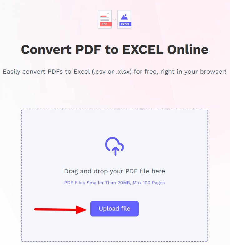 PDF Pro's online PDF to Excel converter. There is a red arrow pointing to the Upload File button. 