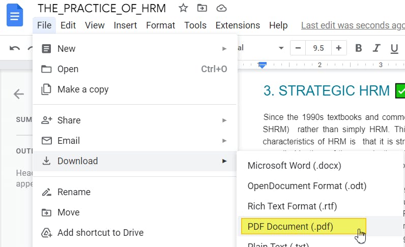 PDF Document is highlighted as the option from the Download button in Google Docs. 