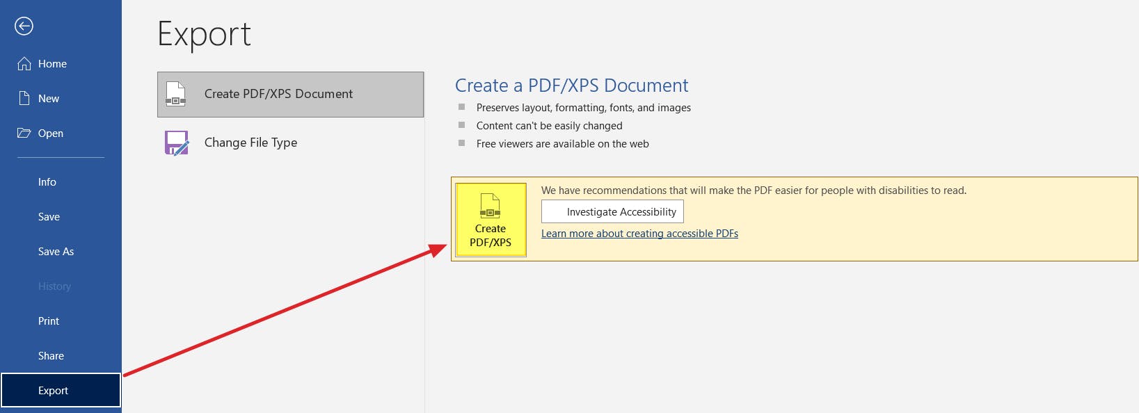 Create PDF/XPS button highlighted in Word. 