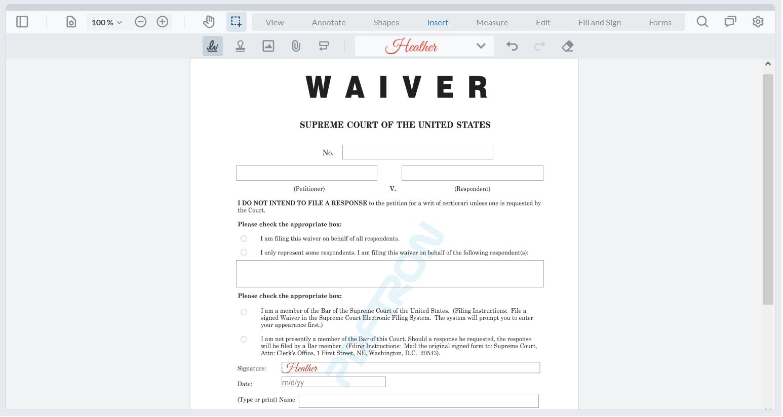 Interactive form and signature widgets example screen