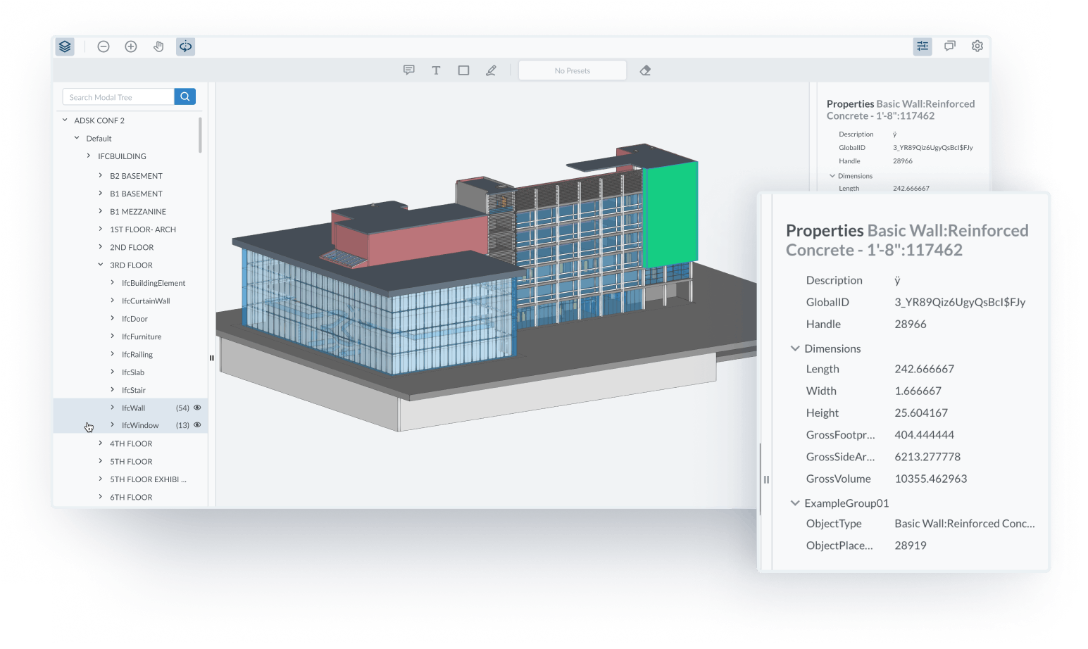 Building information displayed in an object properties panel