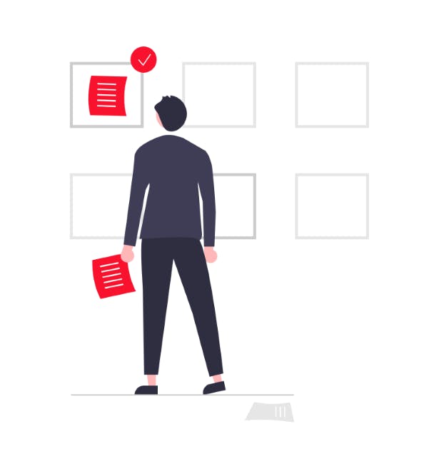 vector image of a person standing in front of a wall while organizing documents on it