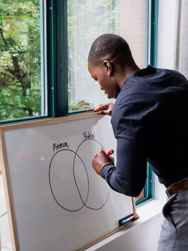 person in blue sweater drawing circles on whiteboard