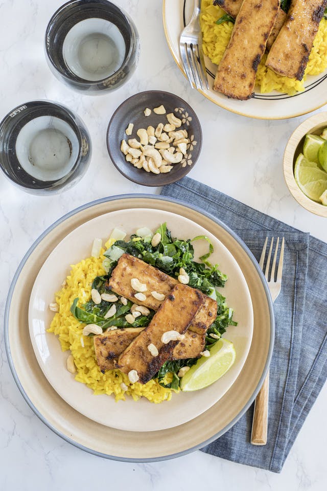 Bruleed Tofu with Coconut Ginger Greens and Turmeric Rice