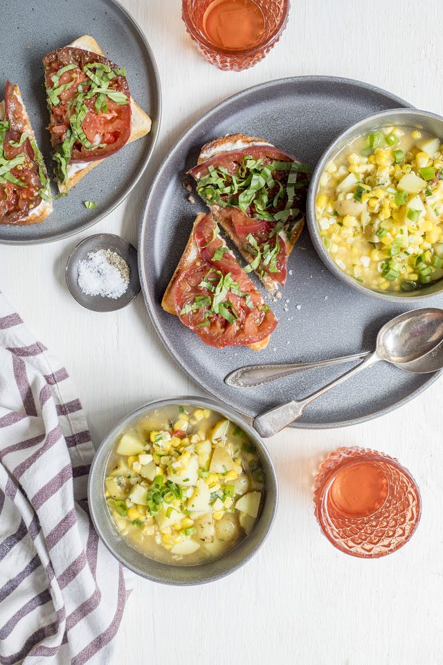 Fresh Corn, Herb & Potato Soup with Tomato-Basil Sandwich