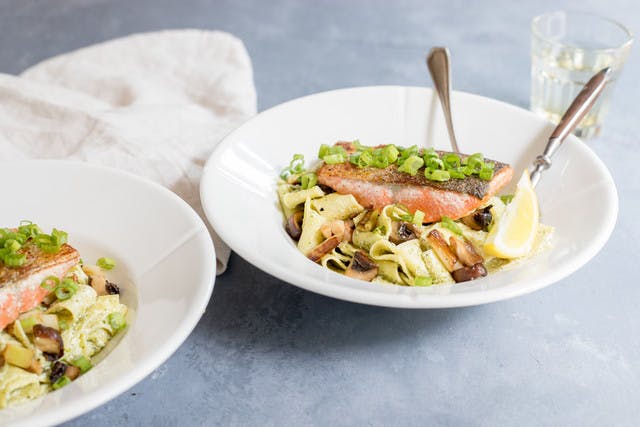 Sockeye Salmon with Ricotta Pesto Pappardelle & Sautéed Mushrooms