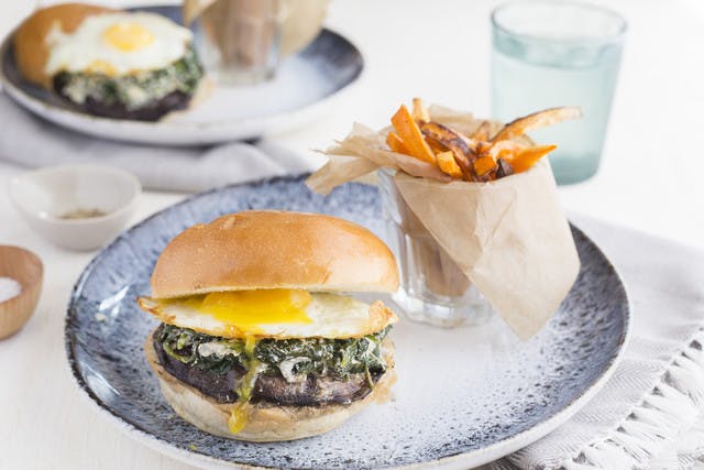 Portobello Mushroom and Farm Egg Sandwich with Spinach Goat Cheese and Sweet Potato Fries