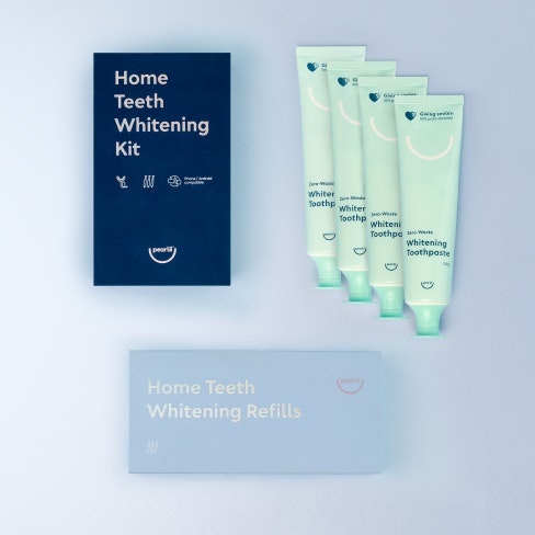 Marketing image of Pearlii's Professional Whitening Pack bundle, displaying 4x Zero-Waste Whitening Toothpaste, 1x Home Teeth Whitening Kit and 1x Home Teeth Whitening Kit Refill