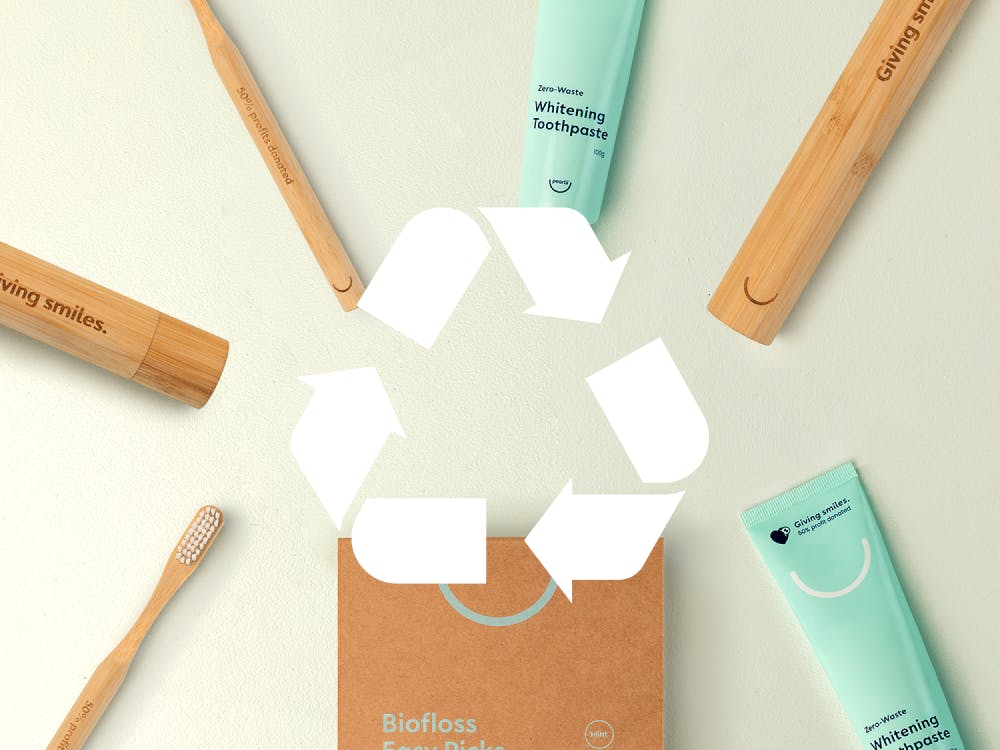Pearlii products and a recycling icon