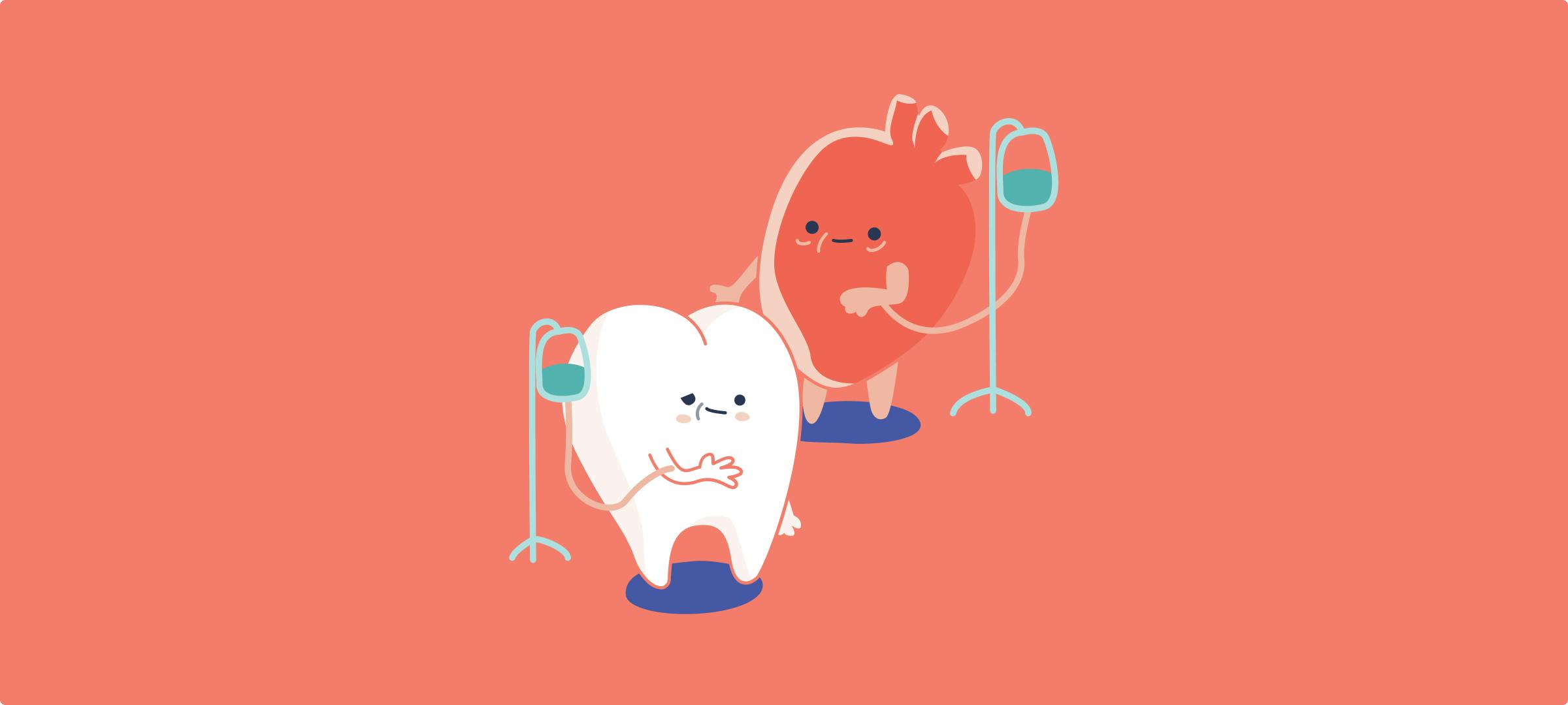 A heart and a tooth having a transfusion on red background