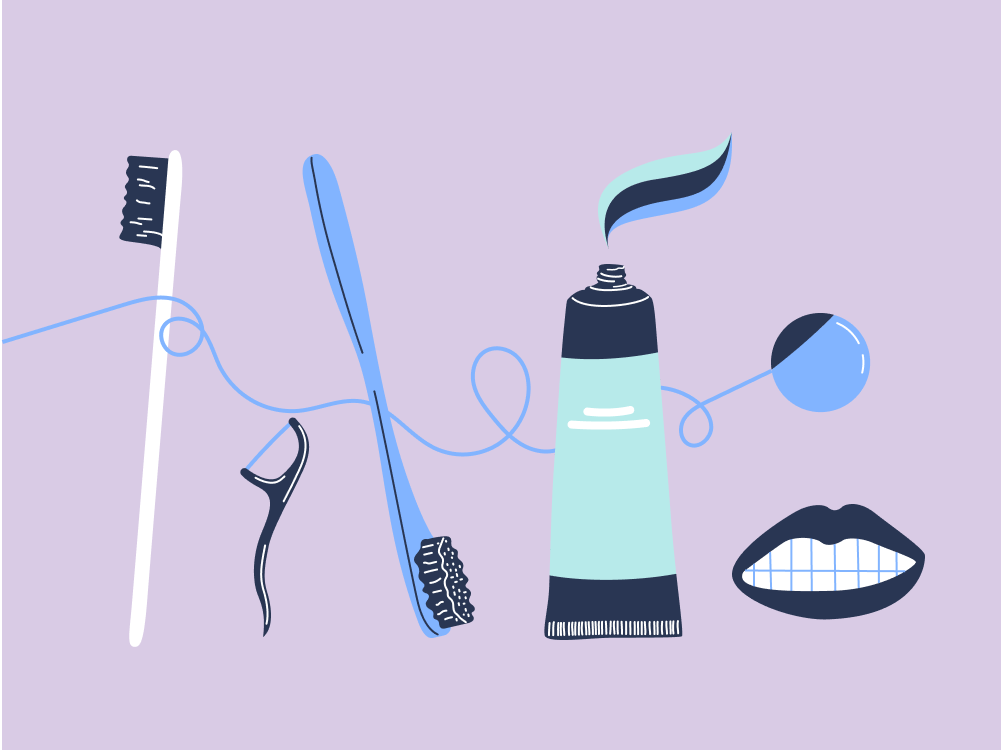 Illustration showing oral care products: upright toothbrush, floss picks, upside down toothbrush, toothpaste, floss and a mouth showing teeth