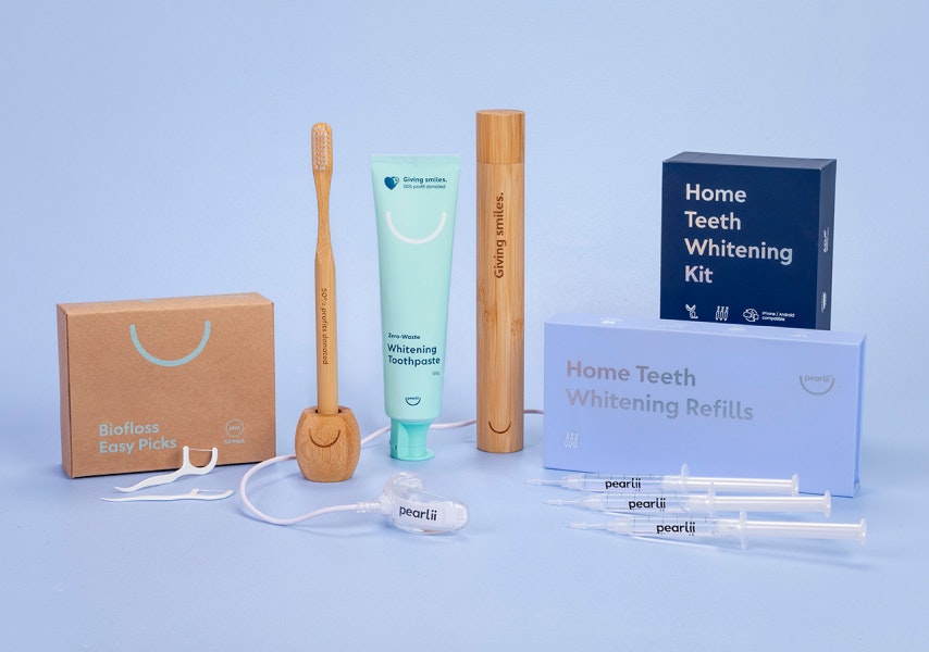 Pearlii products display photo showing the Pearlii Oral Care Collection, including Biofloss Easy Picks, Mosobrush in Mosostand, Mosocase, Home Teeth Whitening Kit, and Gel Refills