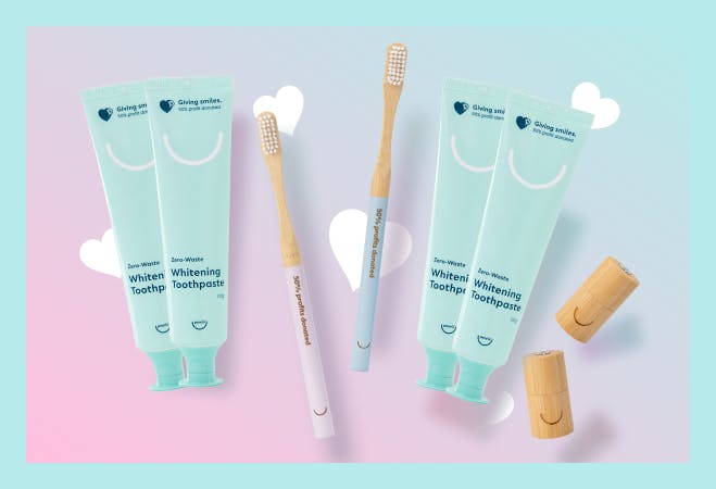 Pearlii's oral care Twin Pack, featuring  2 x Pearlii Mosobrush, 2 x Zero-Waste Whitening Toothpaste, 2 x Moso Floss