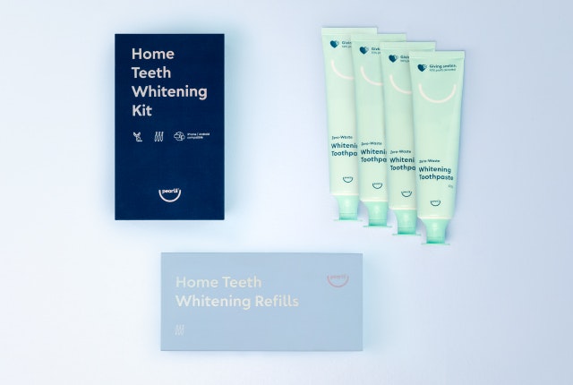 Marketing image of Pearlii's Professional Whitening Pack bundle, displaying 4x Zero-Waste Whitening Toothpaste, 1x Home Teeth Whitening Kit and 1x Home Teeth Whitening Kit Refill