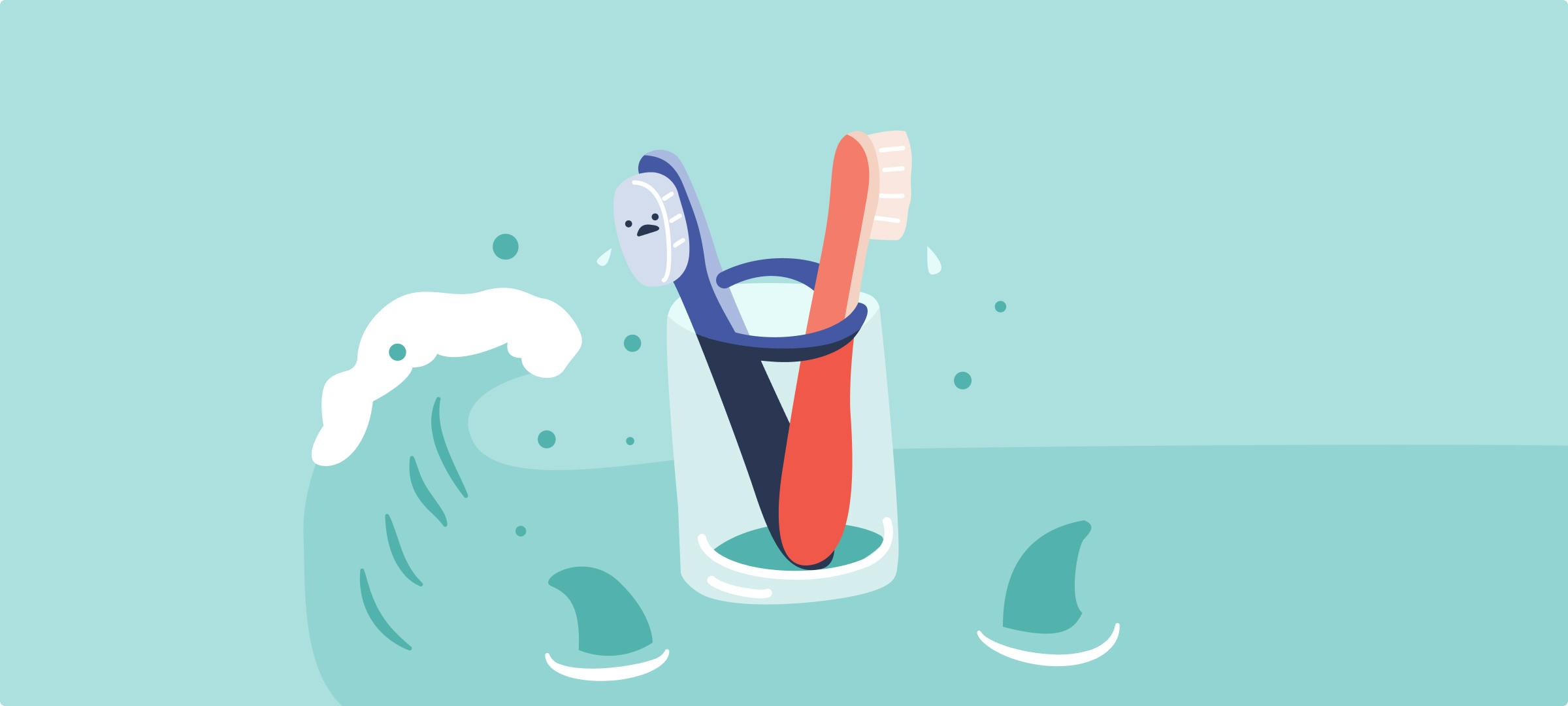 A big wave and sharks threatening two toothbrushes inside a glass