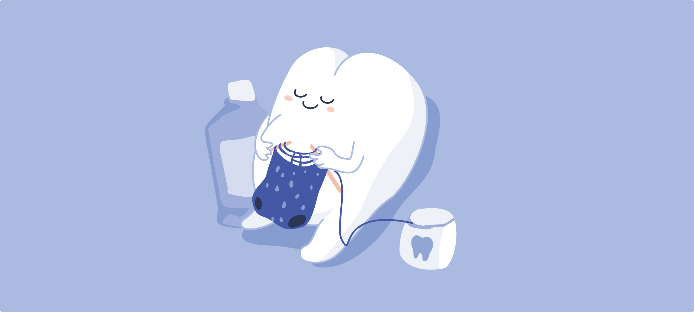The pearlii mascot sewing a baby dress with dental floss