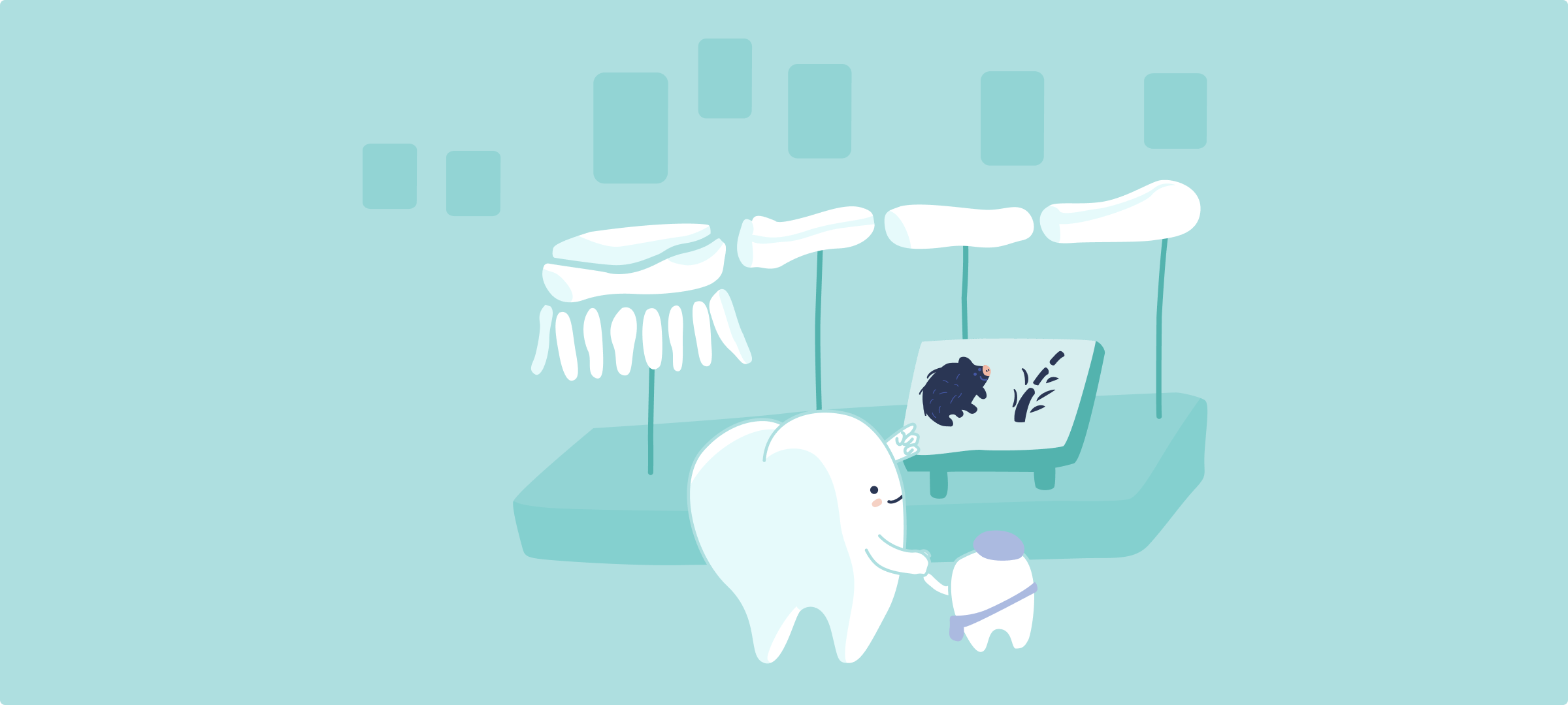 The pearlii mascot with his son watching a toothbrush fossil