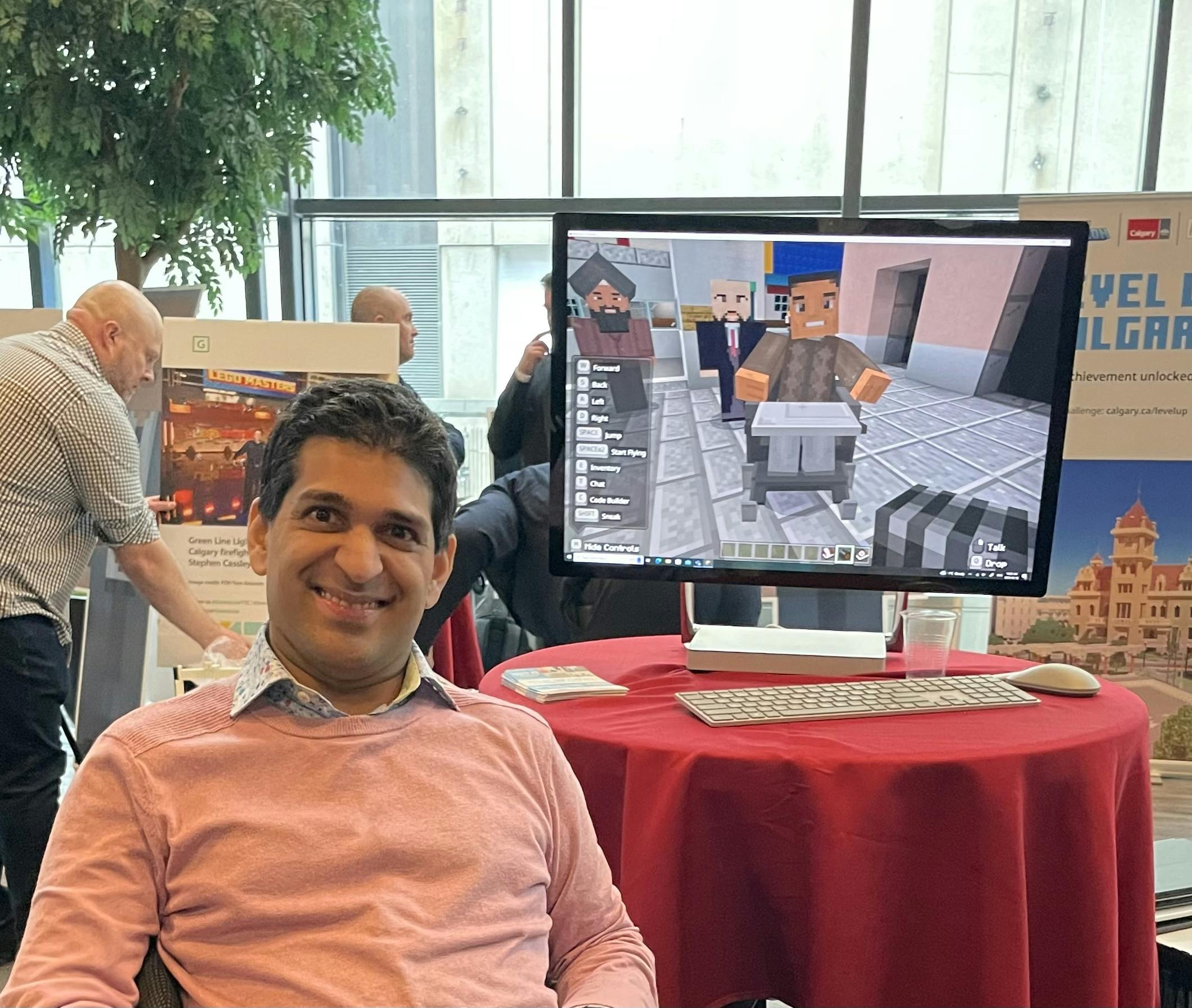 Pedesting Chief Executive Officer, Nabeel Ramji beside his Minecraft character