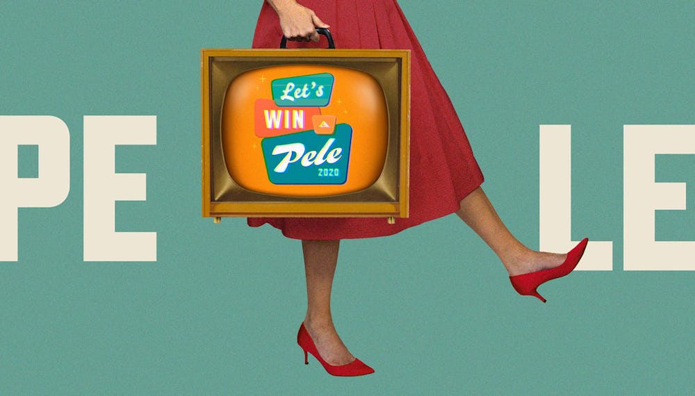 Mid-century retro-styled image of woman in a red dress holding a television set by its handle with the words "Let's Win a Pele" on the screen