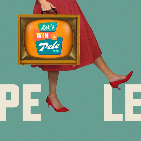 Mid-century retro-styled image of woman in a red dress holding a television set by its handle with the words "Let's Win a Pele" on the screen
