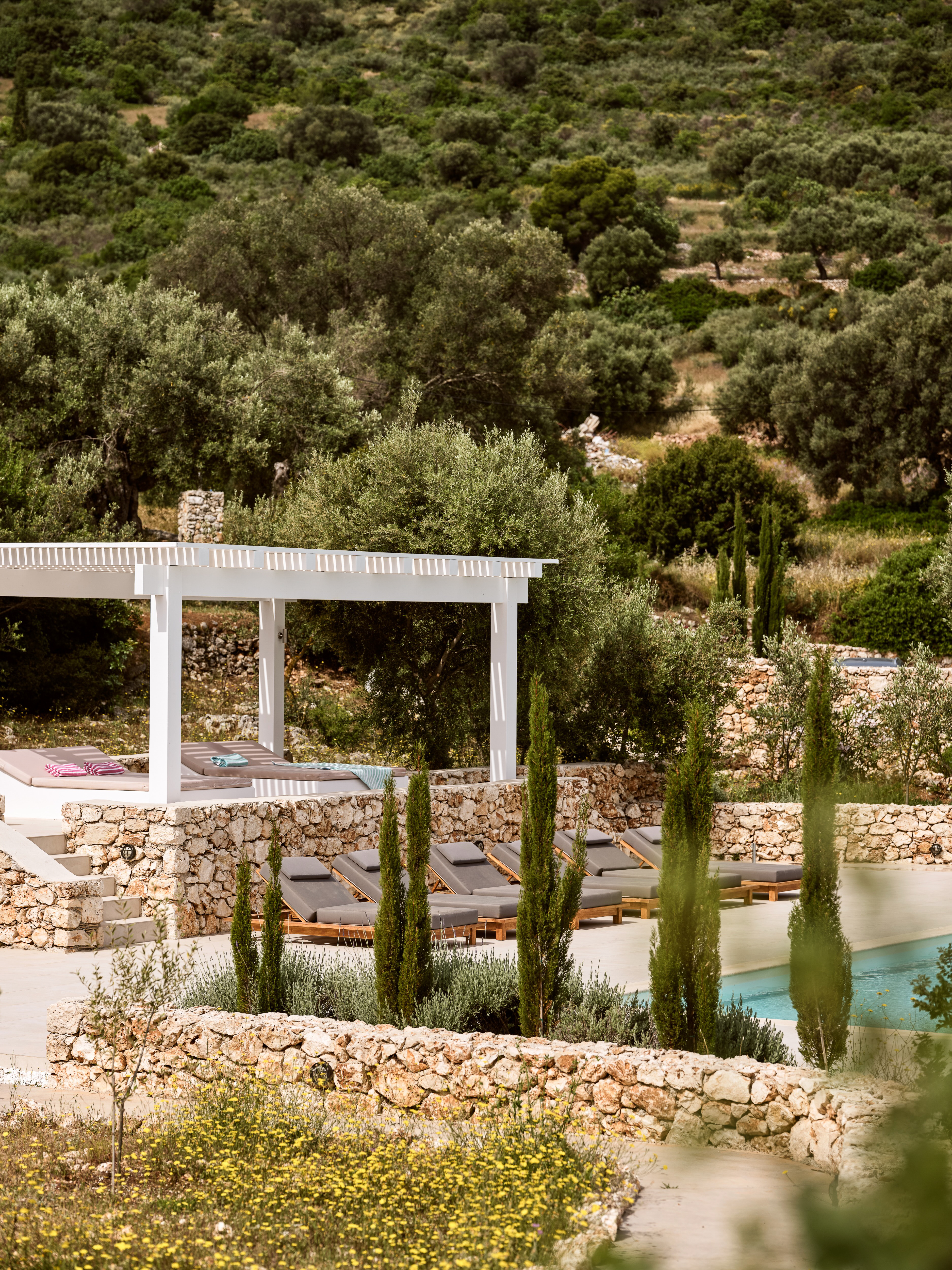 Pool area from elevated perspective showing integration with natural hillside terrain. Stone retaining walls and Mediterranean plantings blend architecture with landscape.