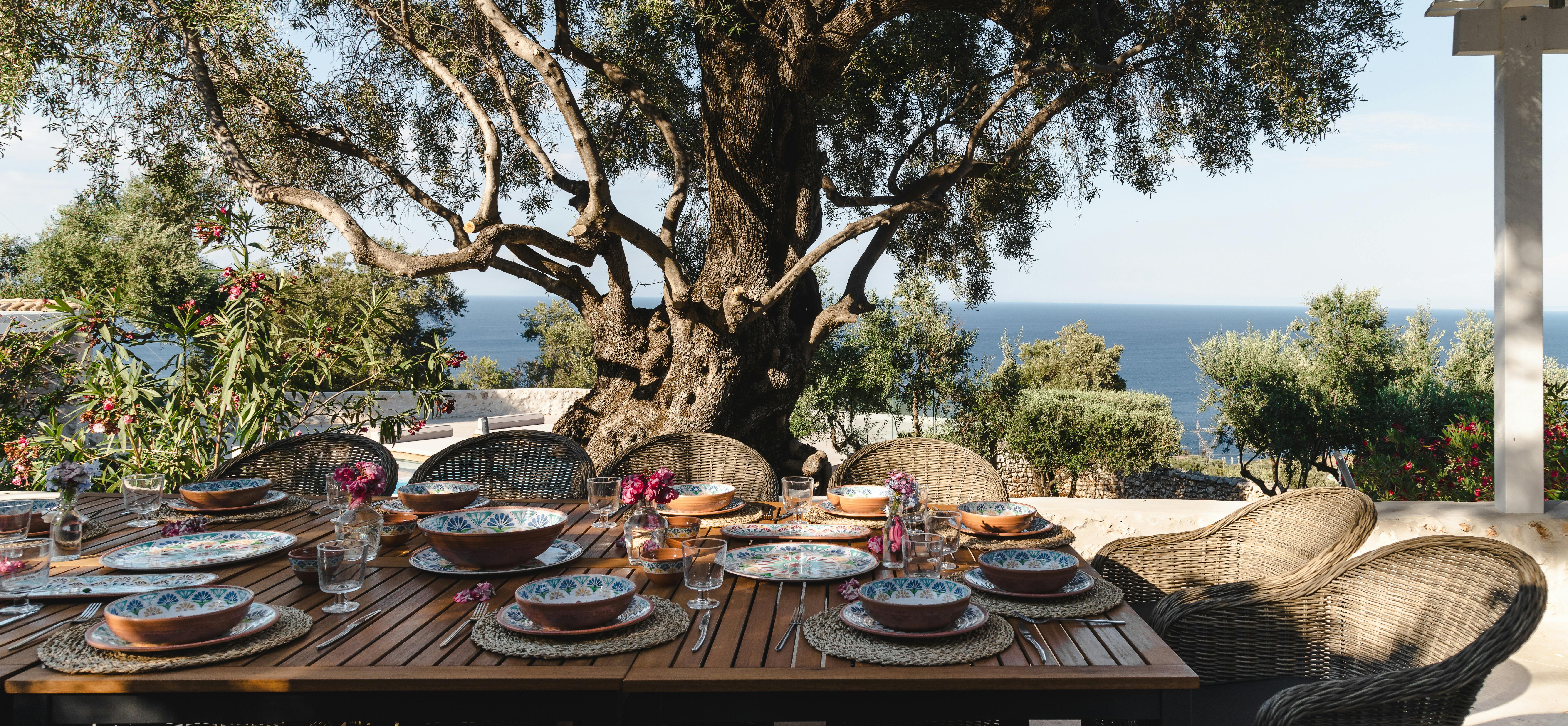 Outdoor dining terrace with long wood table set for ten, ancient gnarled olive tree centrepiece, wicker chairs, and panoramic sea views.