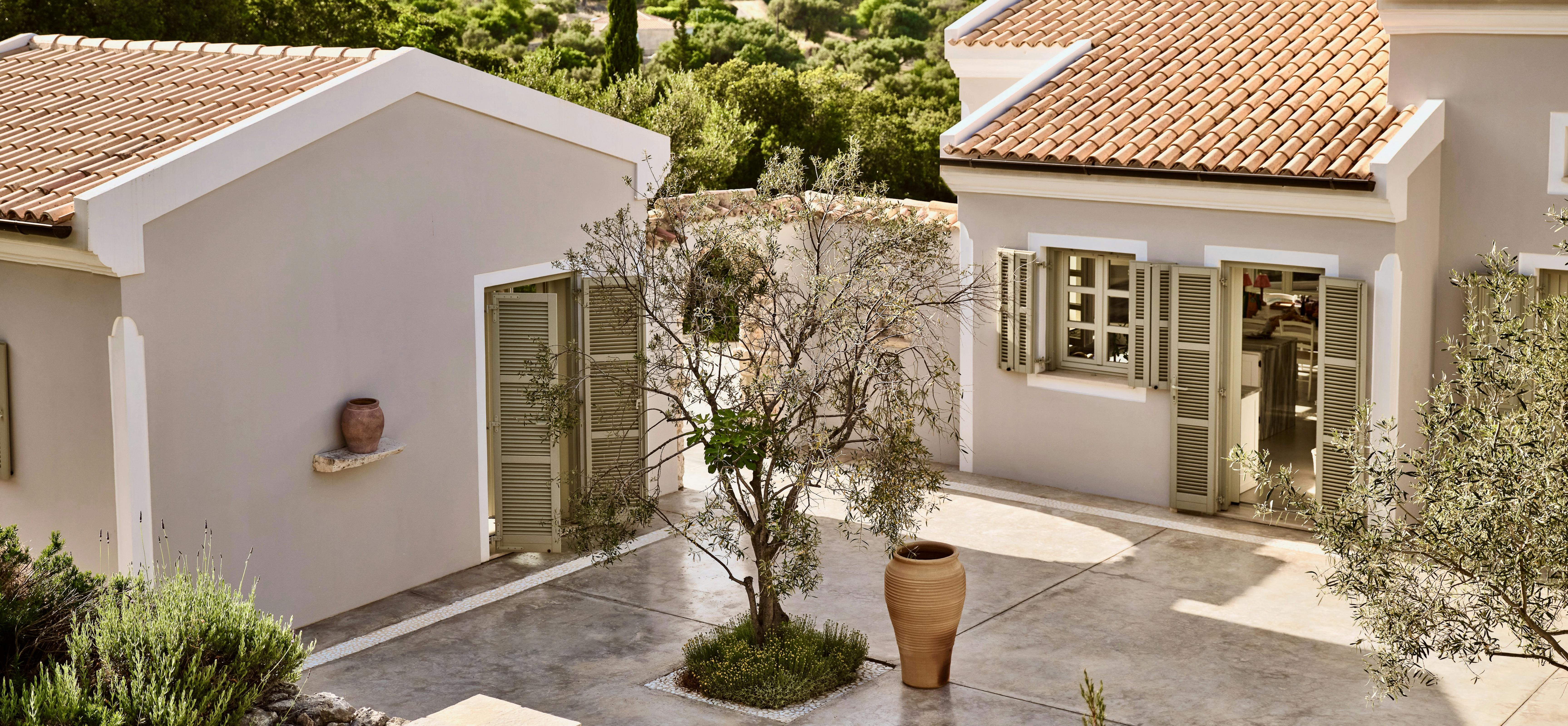 Interior courtyard with olive tree centred in paved terrace between white villa wings. Terra cotta urns and hillside views complete the sheltered outdoor living space.