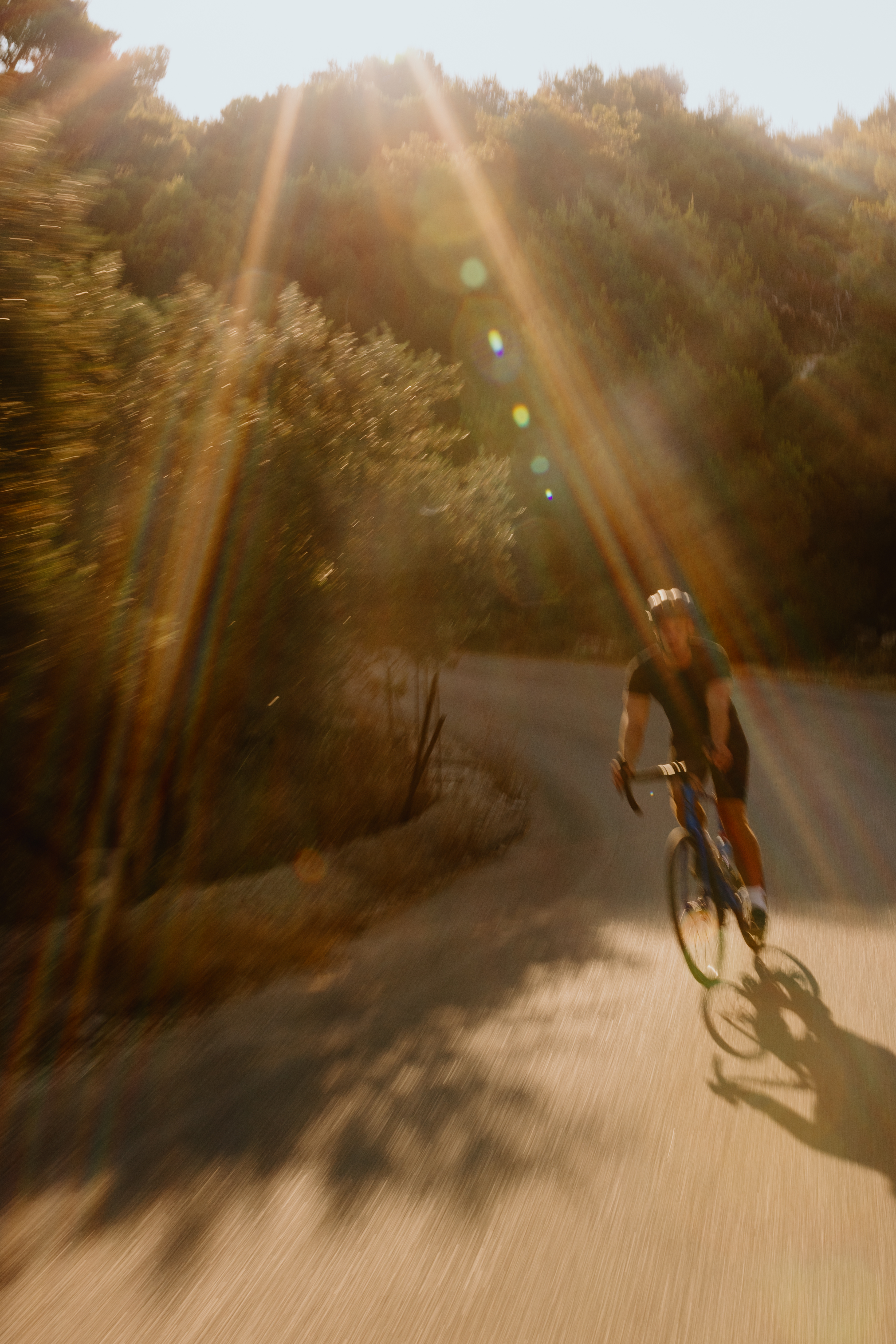 Motion-blurred photograph of a cyclist riding on a tree-lined path with dramatic sunlight streaming through the foliage creating lens flare effects. The image captures the sense of speed and movement, with the surrounding vegetation and road appearing blurred while sunbeams create golden streaks of light across the scene.