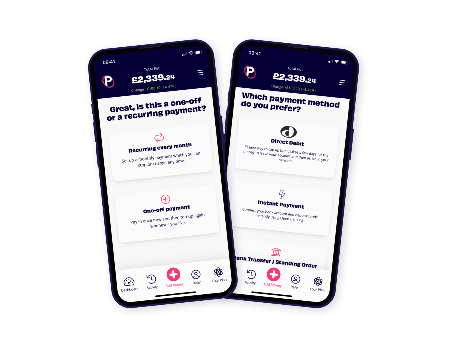 Pension contribution type and payment type screens in the Penfold app