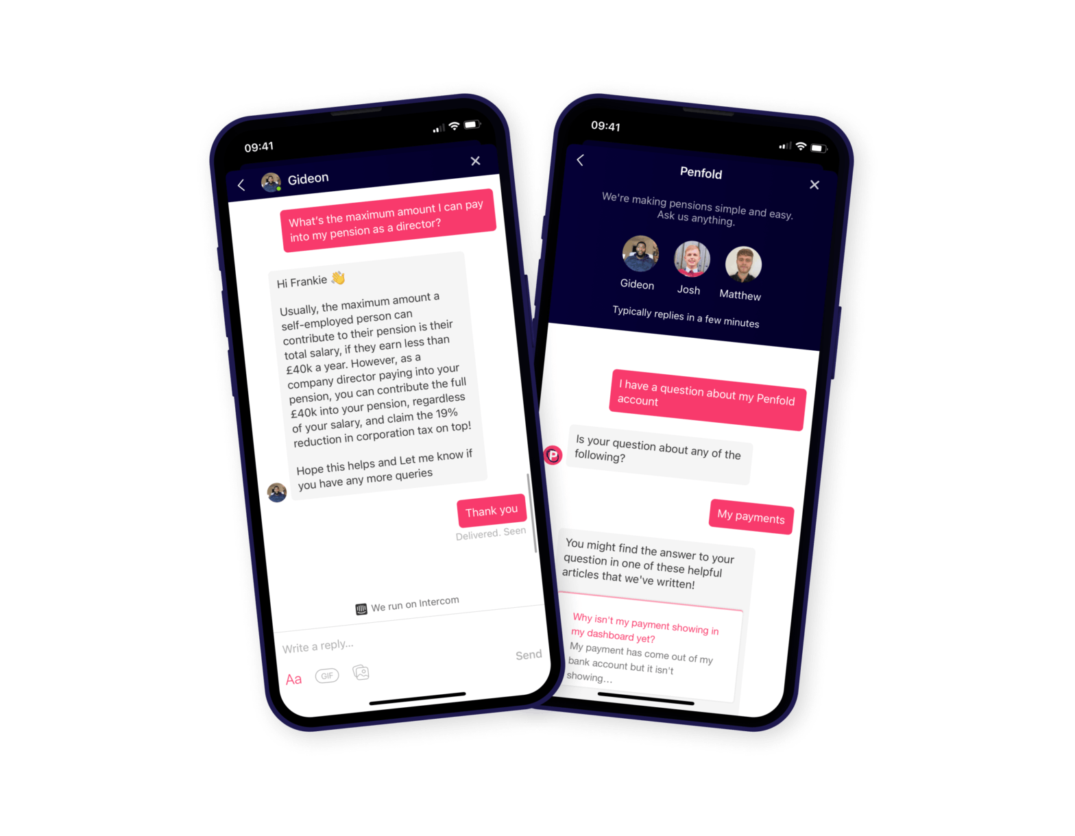 Penfold apps showing company director pension customer service chat screens