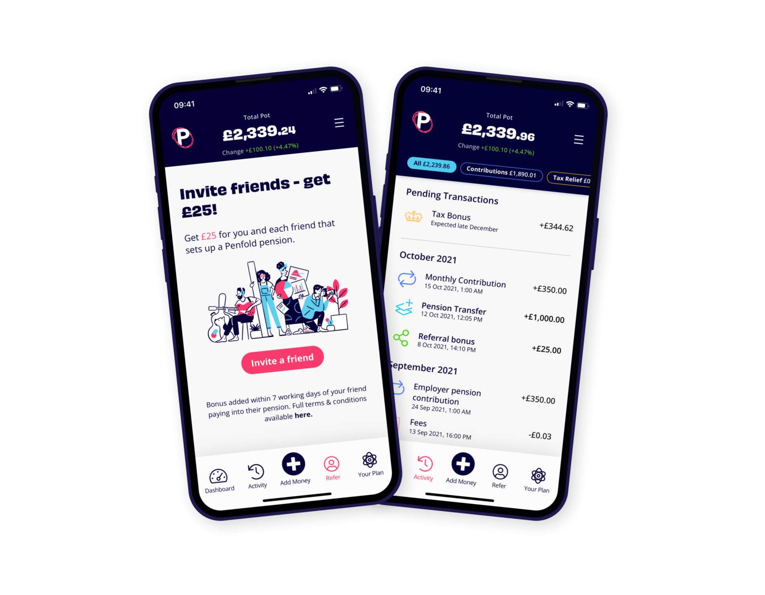 Penfold pension refer a friend and savings activity app screens