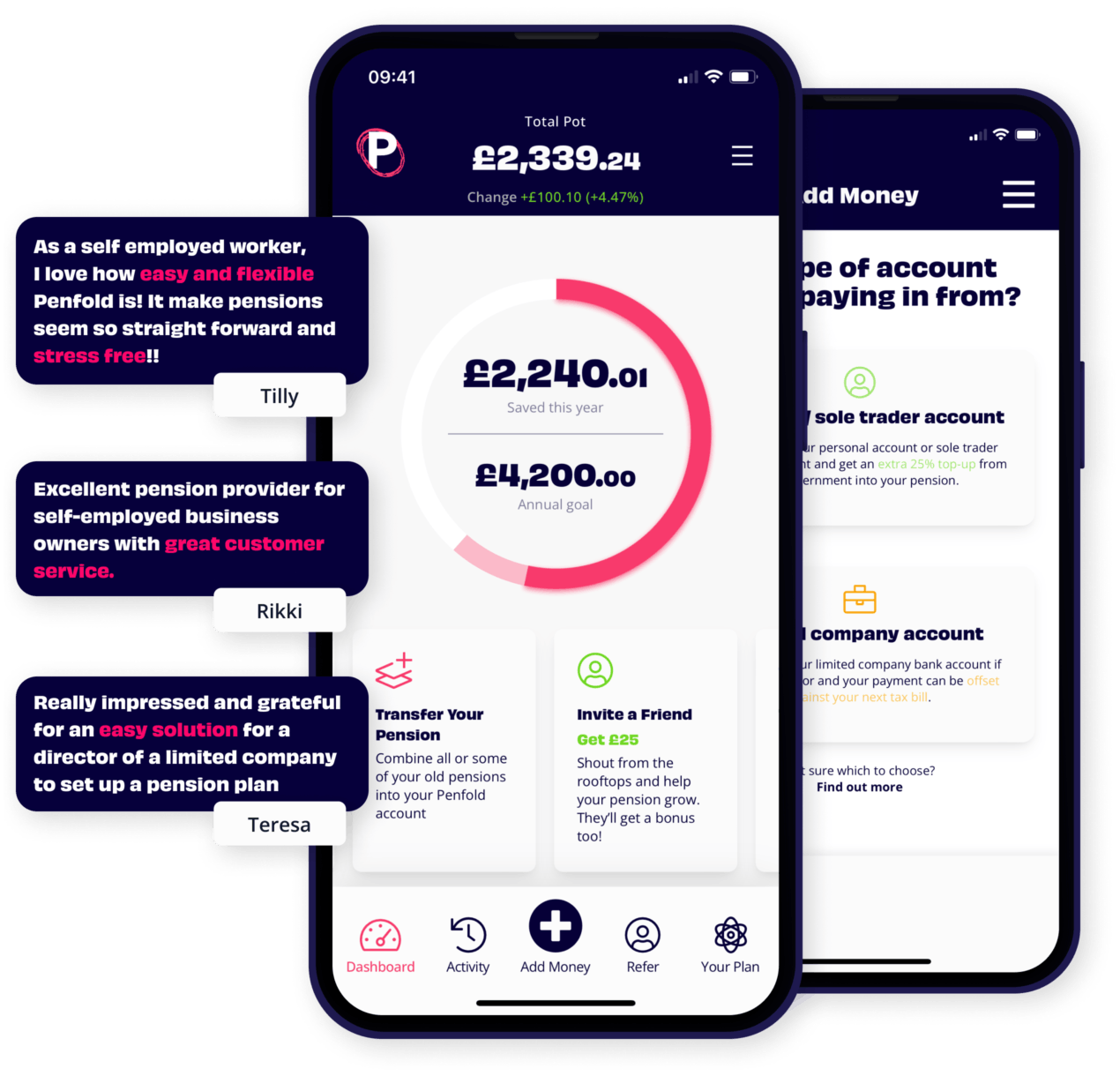 Penfold app showing pension dashboard and self employed pension customer service reviews
