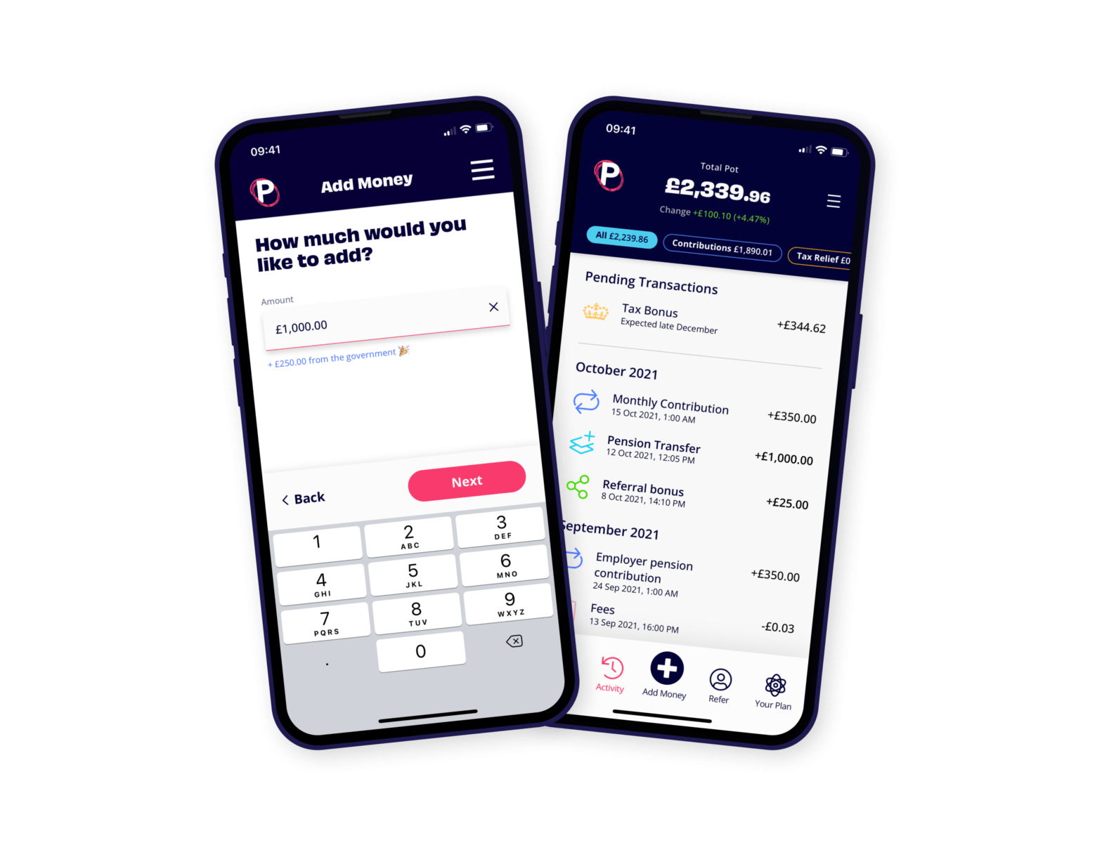Penfold apps showing pension contribution and savings history screens
