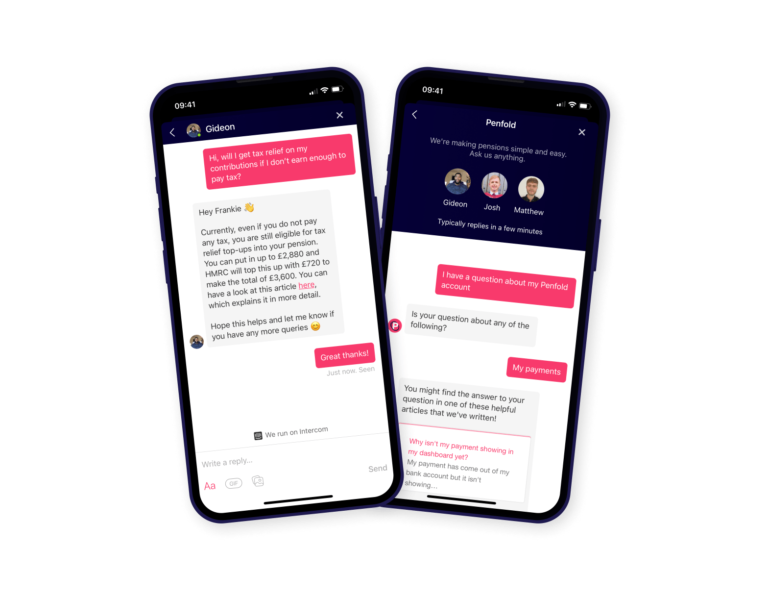 Penfold apps showing customer service chat and pension FAQs screens