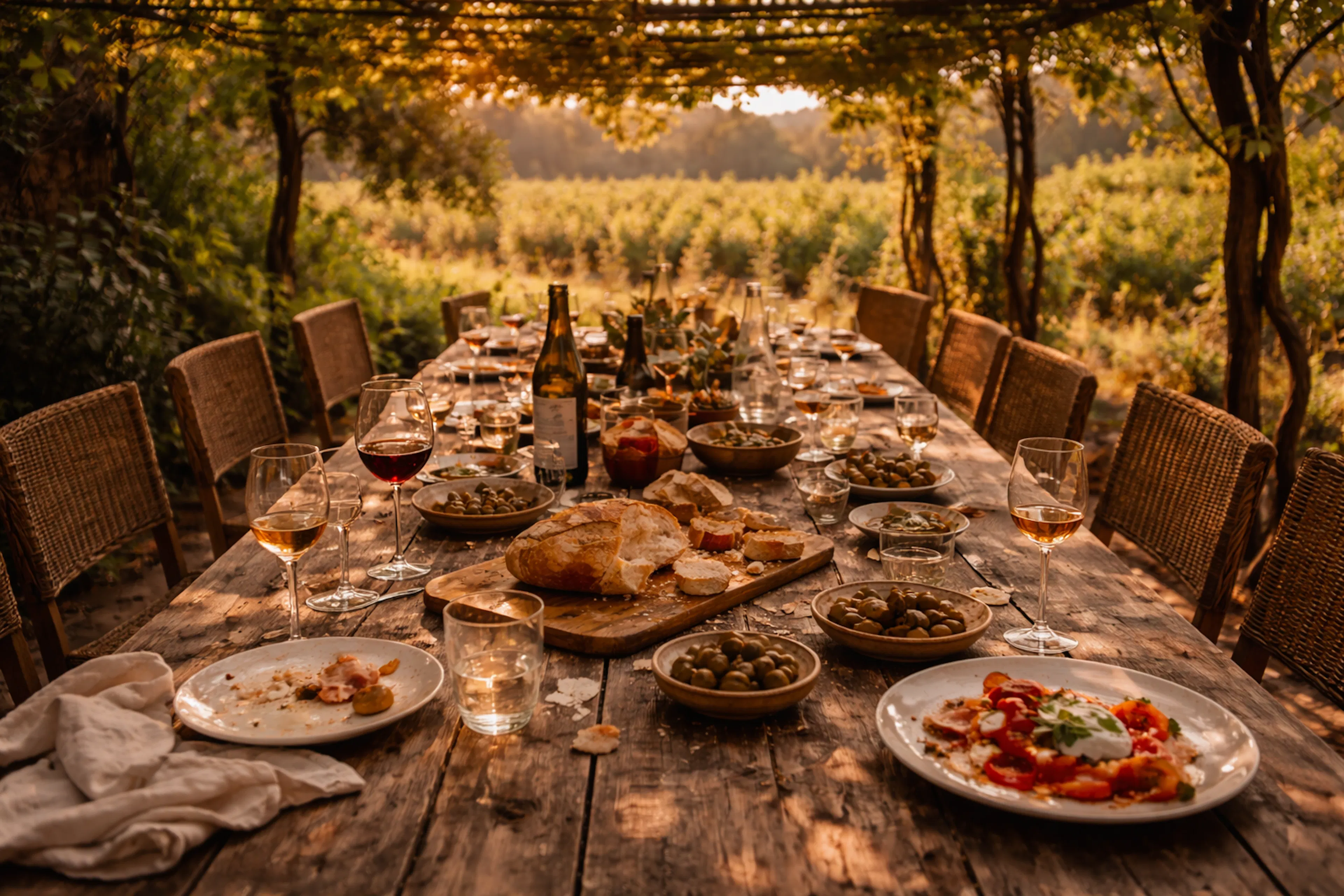 A long outdoor table at a vineyard restaurant