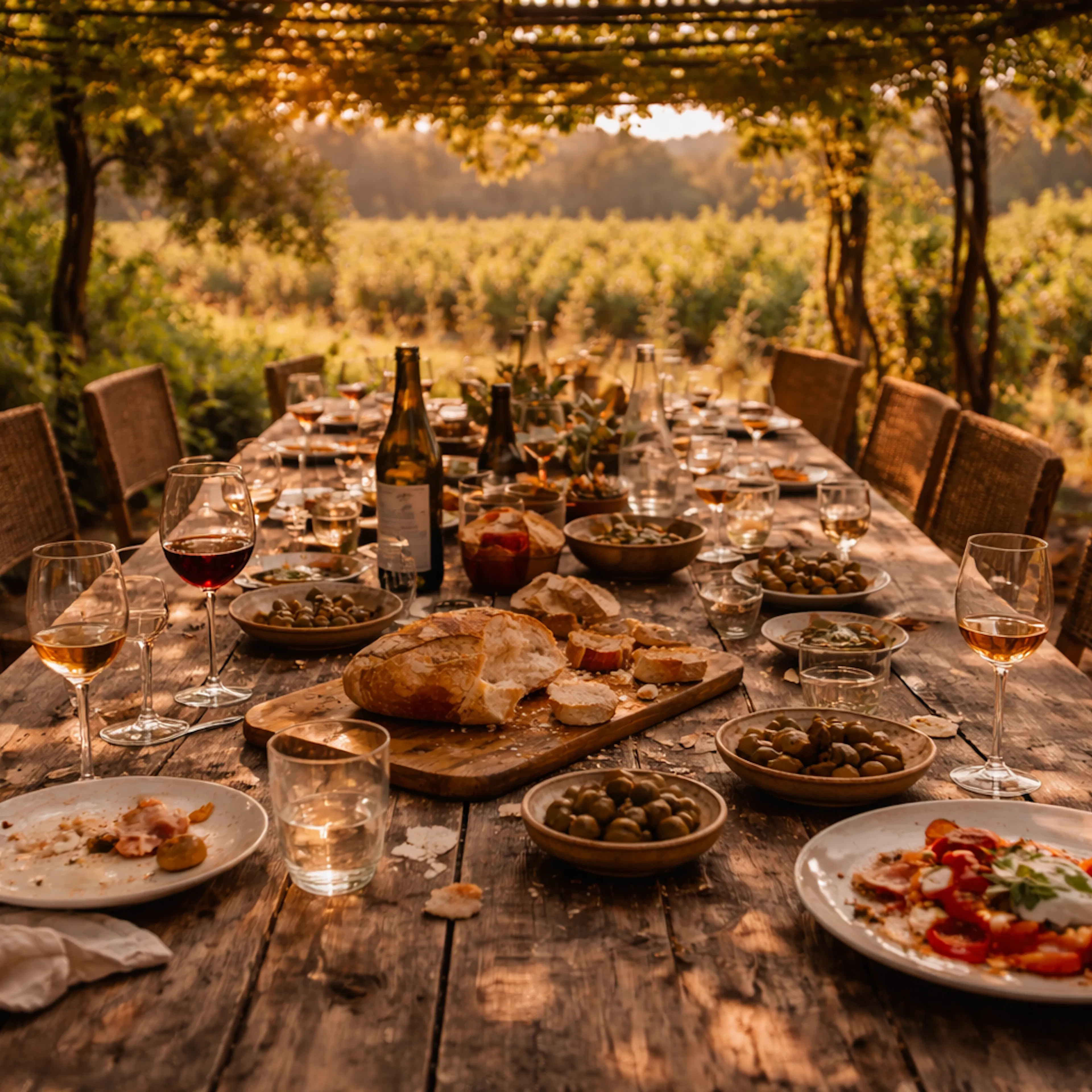 A long outdoor table at a vineyard restaurant