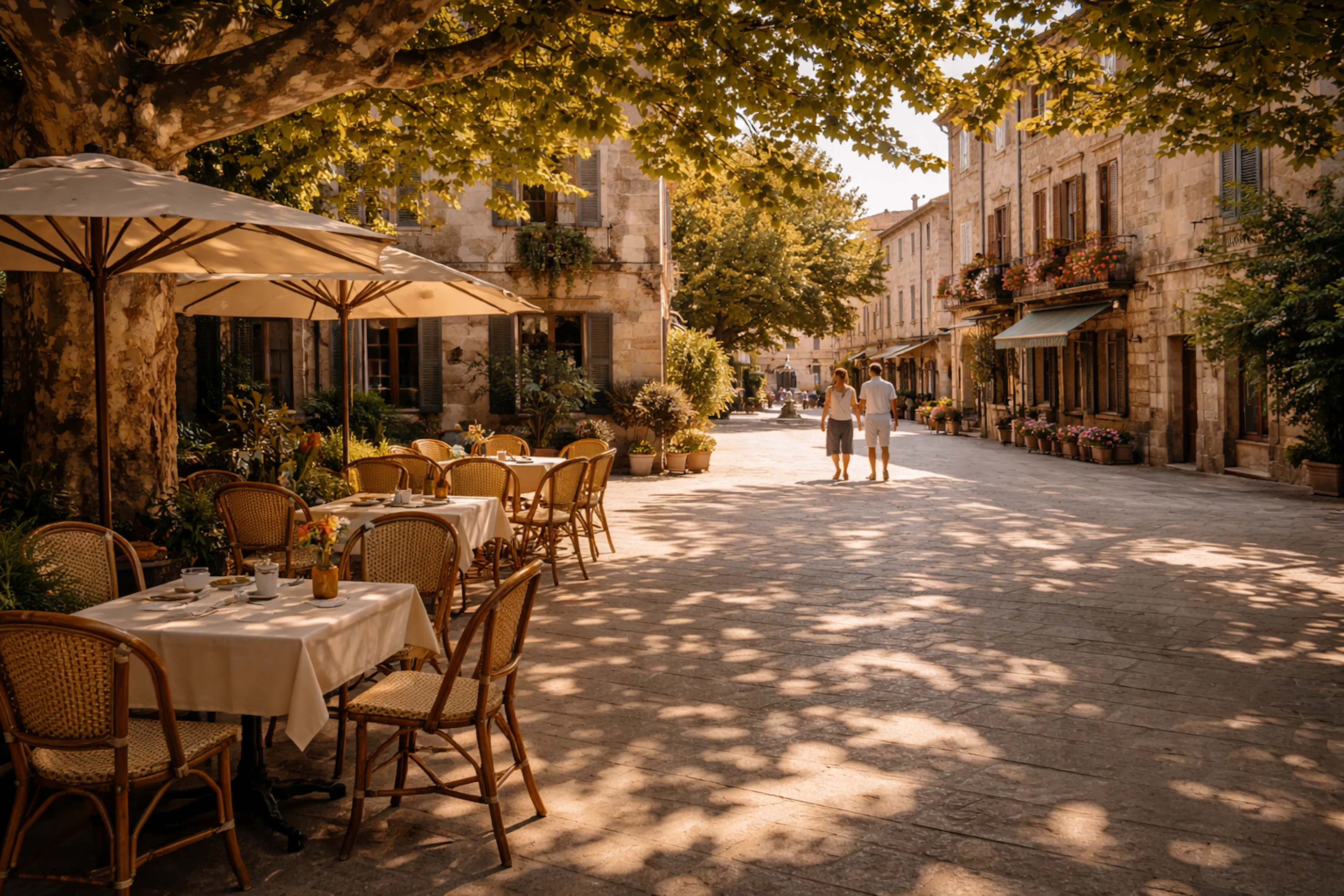 A quiet town square on a Sunday morning