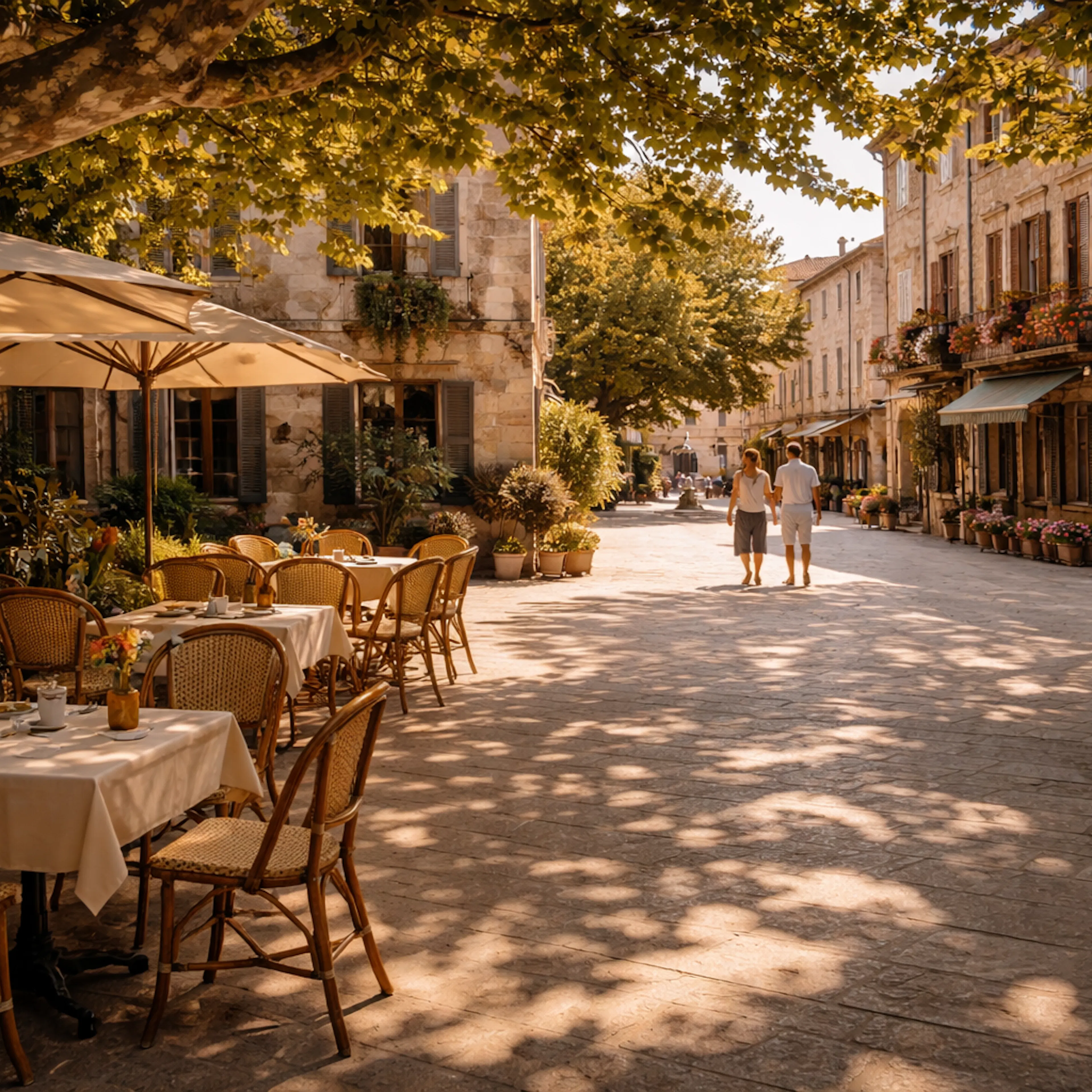 A quiet town square on a Sunday morning