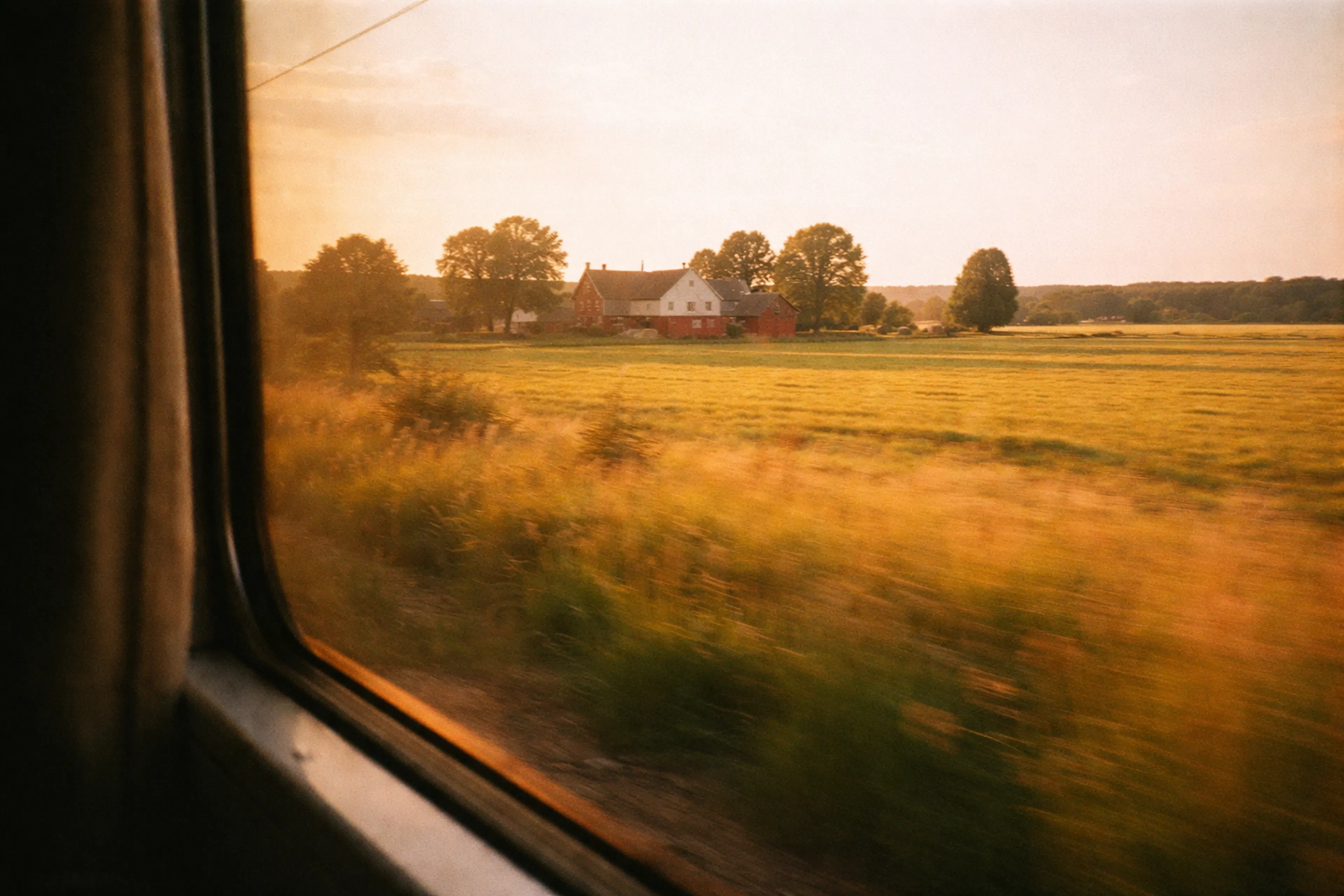View from a train window of a passing rural landscape