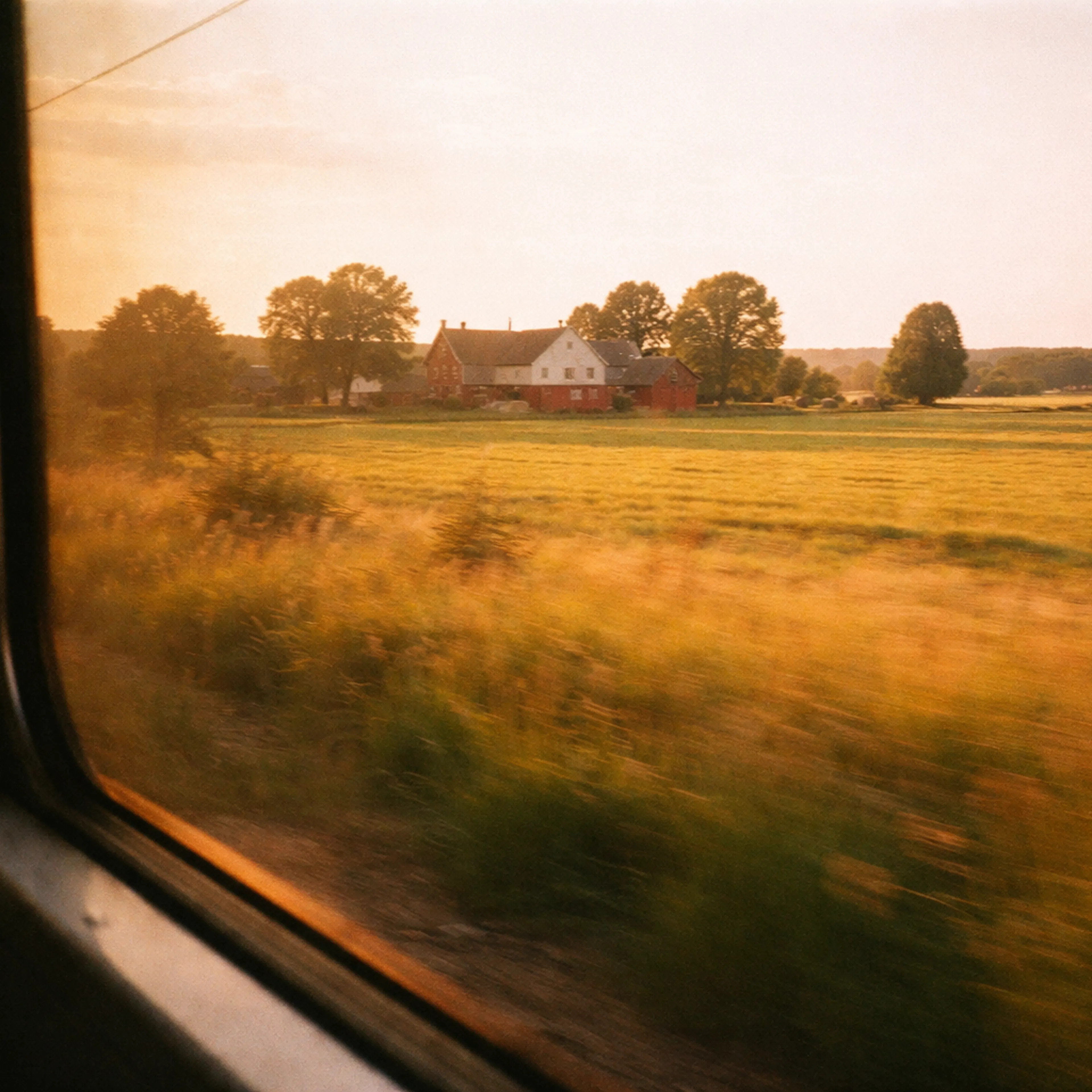 View from a train window of a passing rural landscape