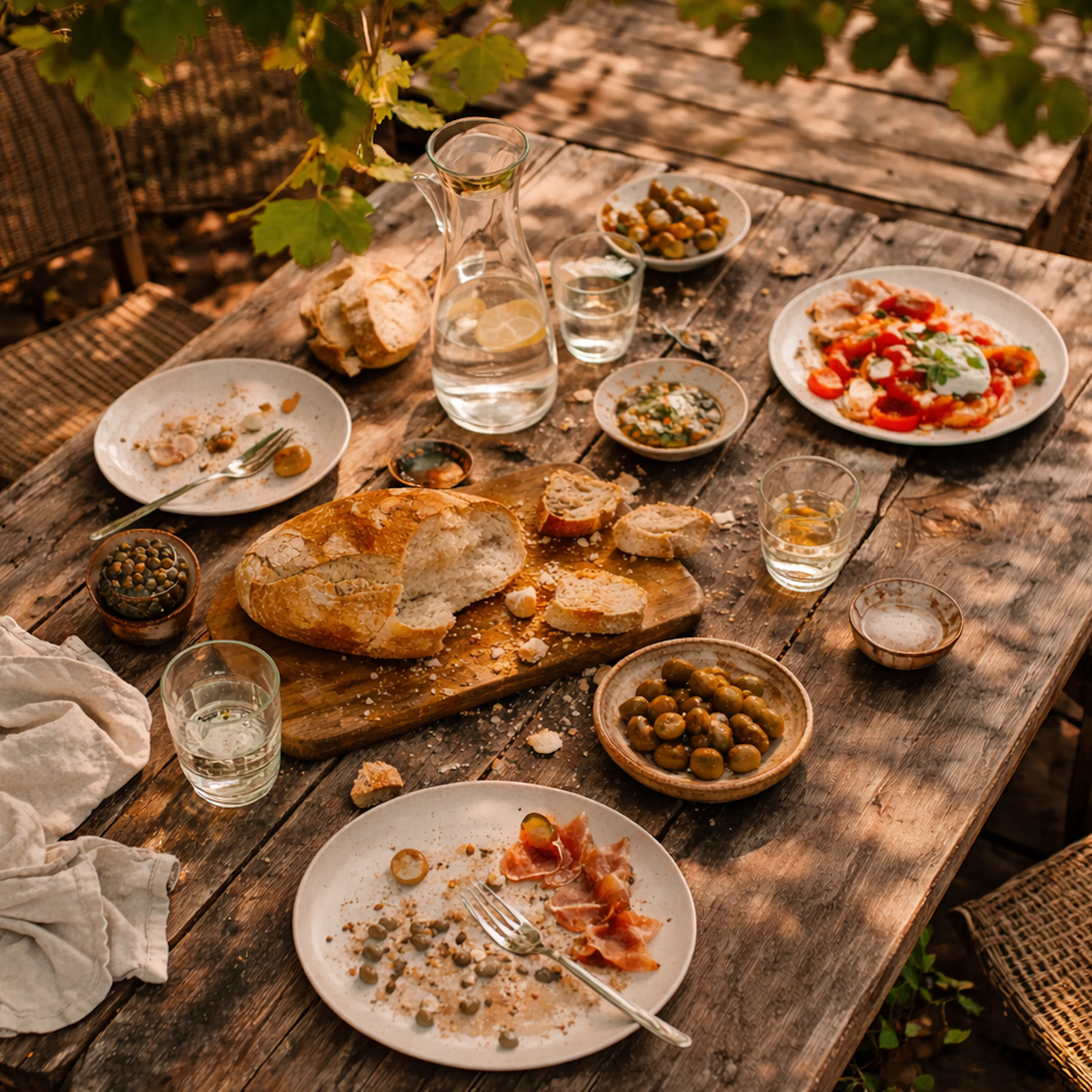 A rustic outdoor table with remnants of a shared meal