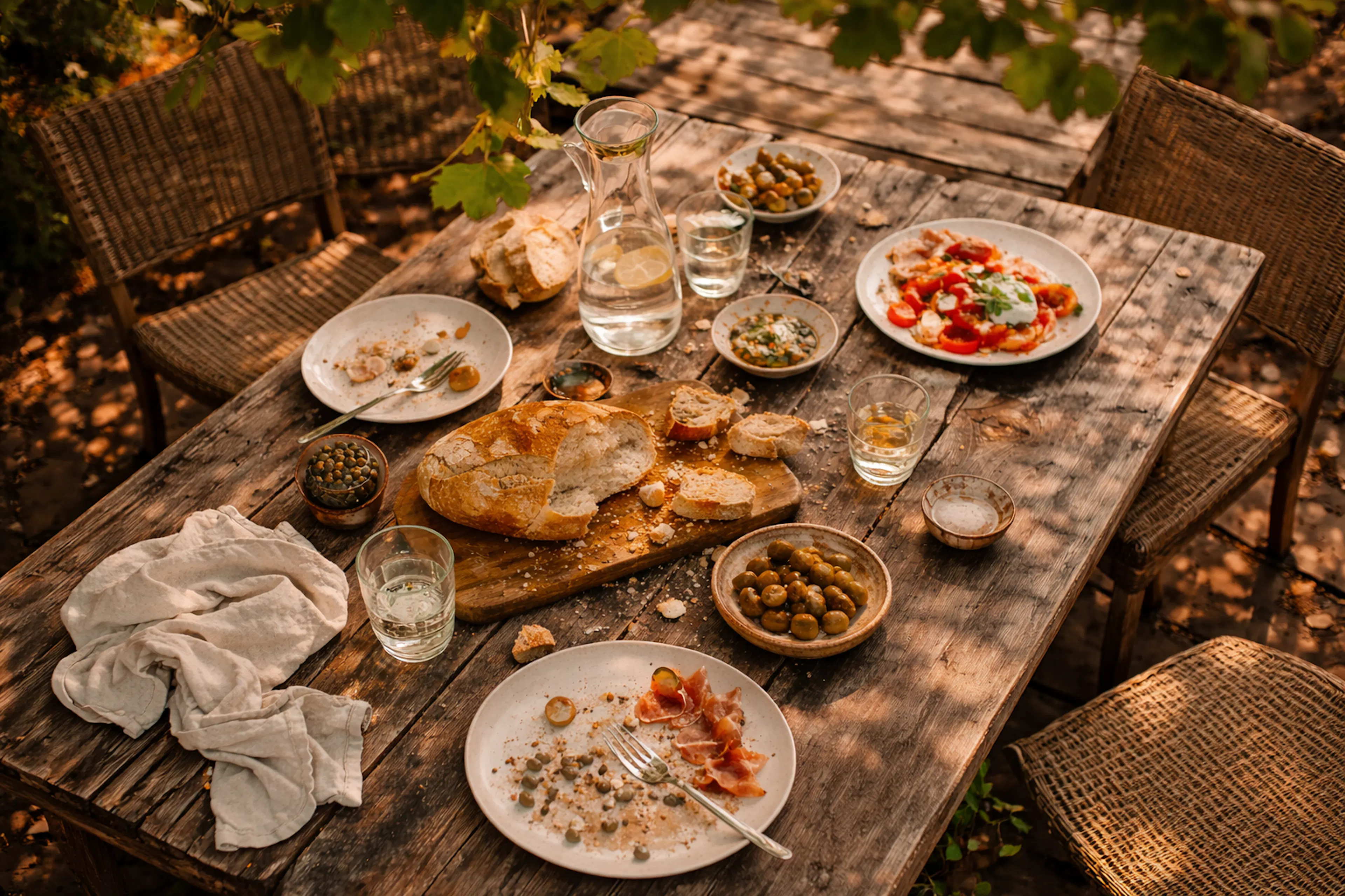 A rustic outdoor table with remnants of a shared meal