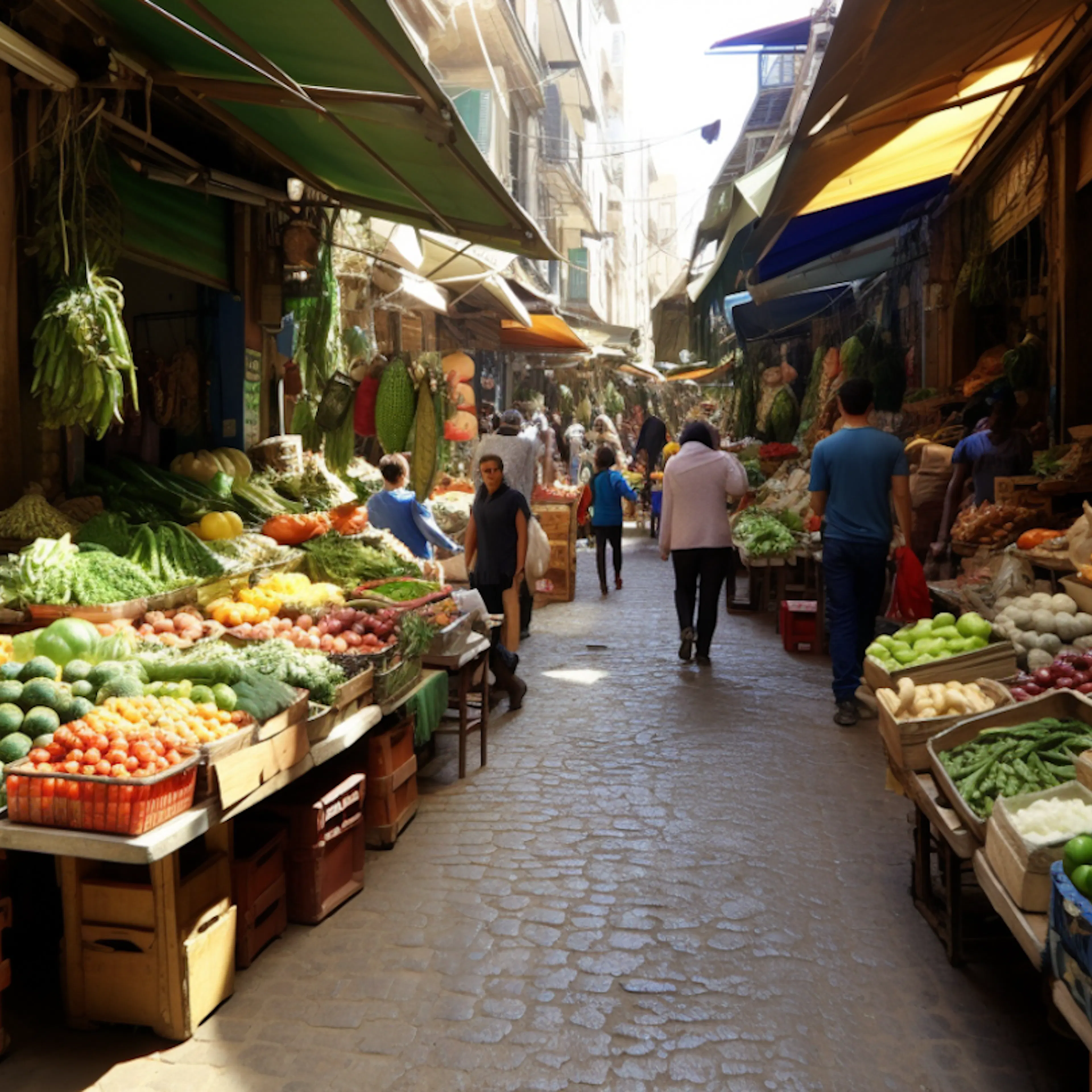 Sunlit Cobblestone Produce Market