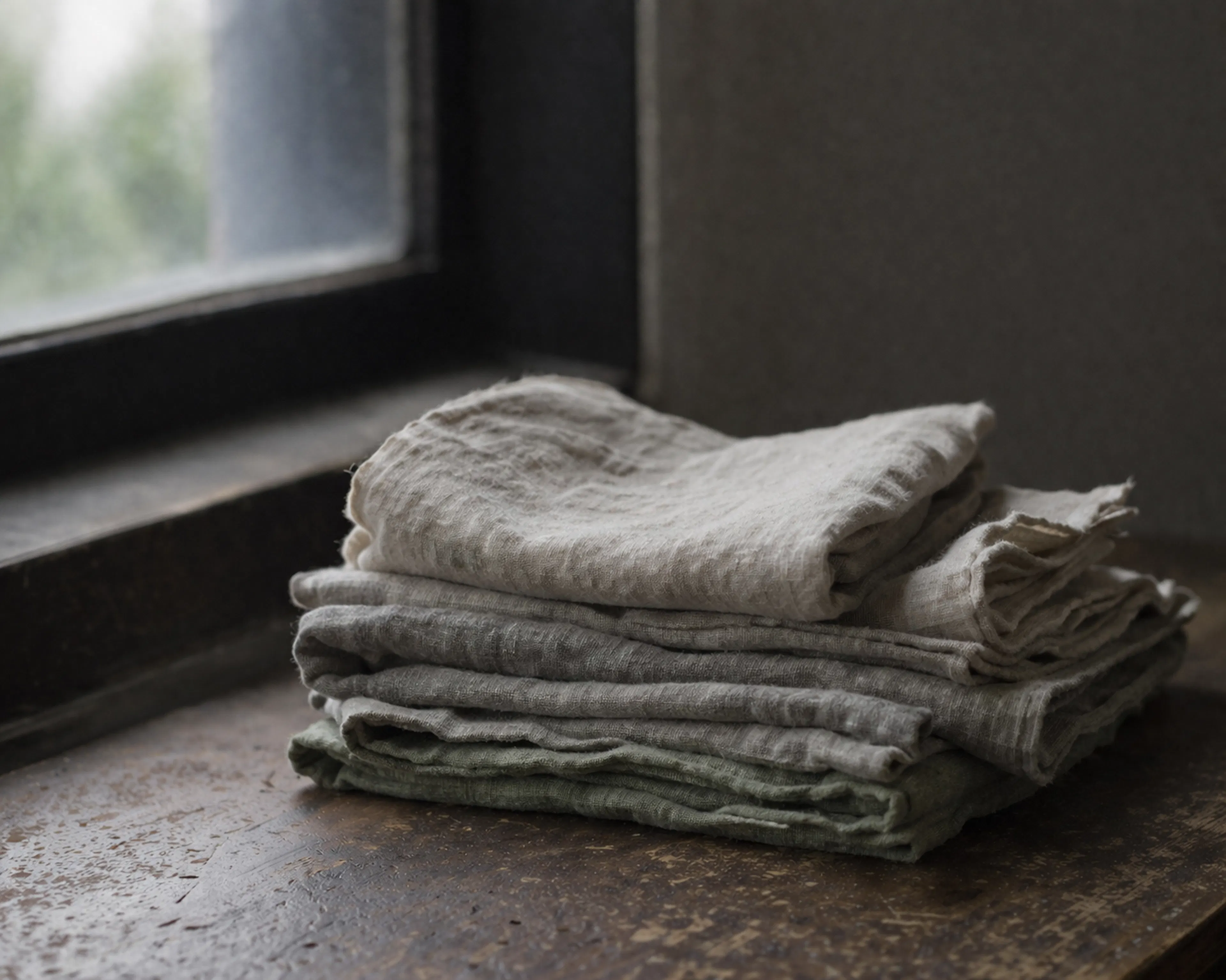 A stack of aged linen napkins in faded natural tones