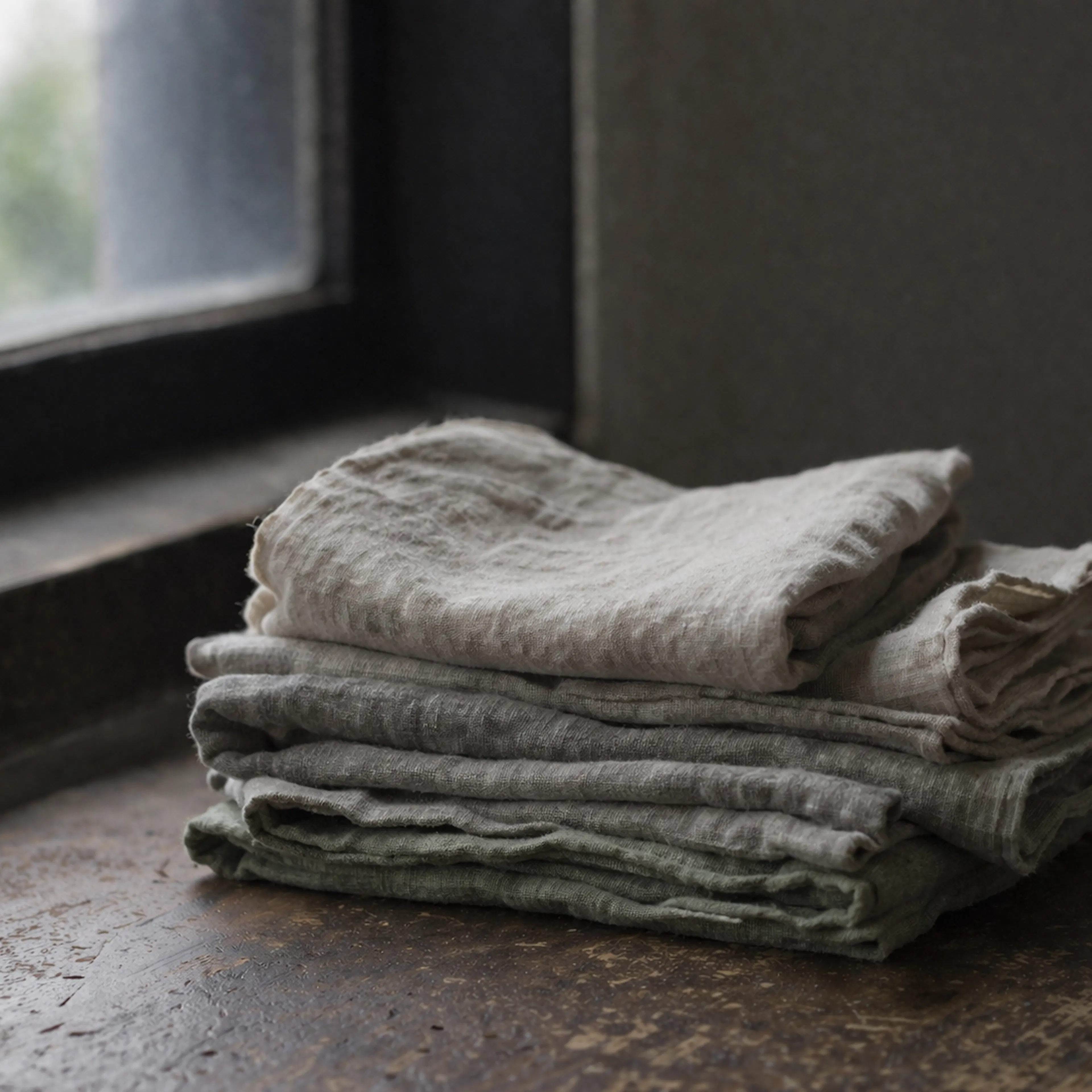 A stack of aged linen napkins in faded natural tones