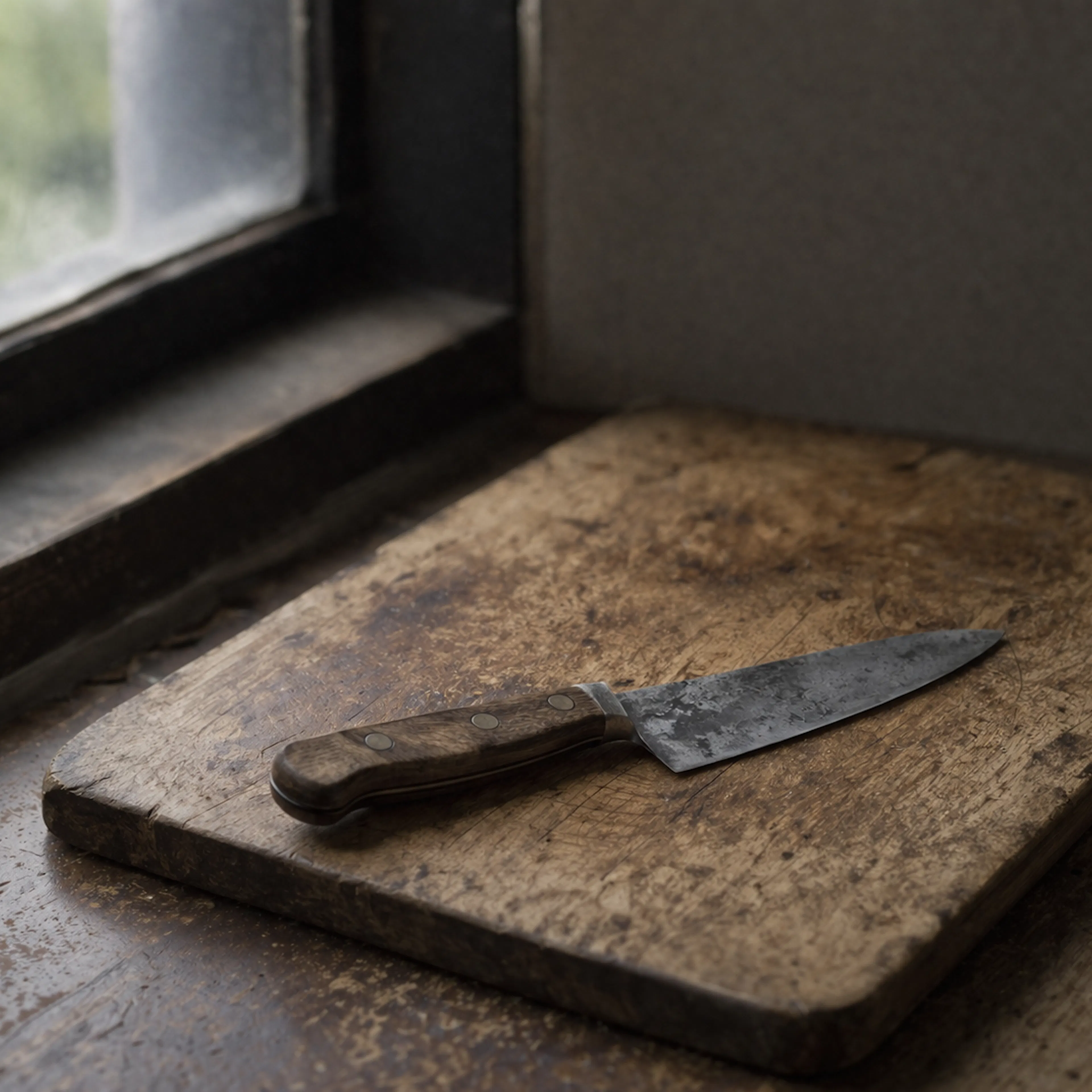 A single well-used chef's knife lying on a worn wooden chopping board