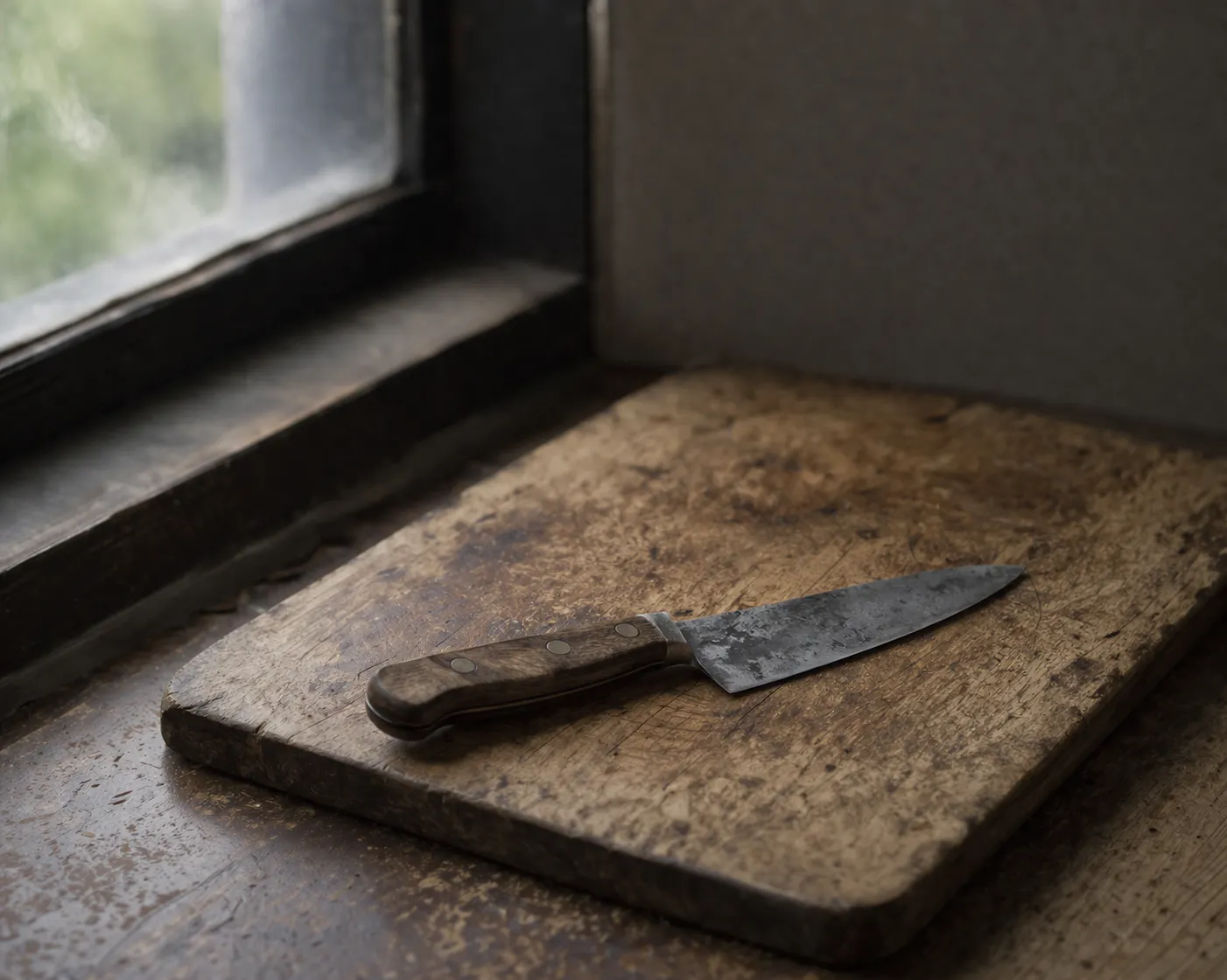 A single well-used chef's knife lying on a worn wooden chopping board