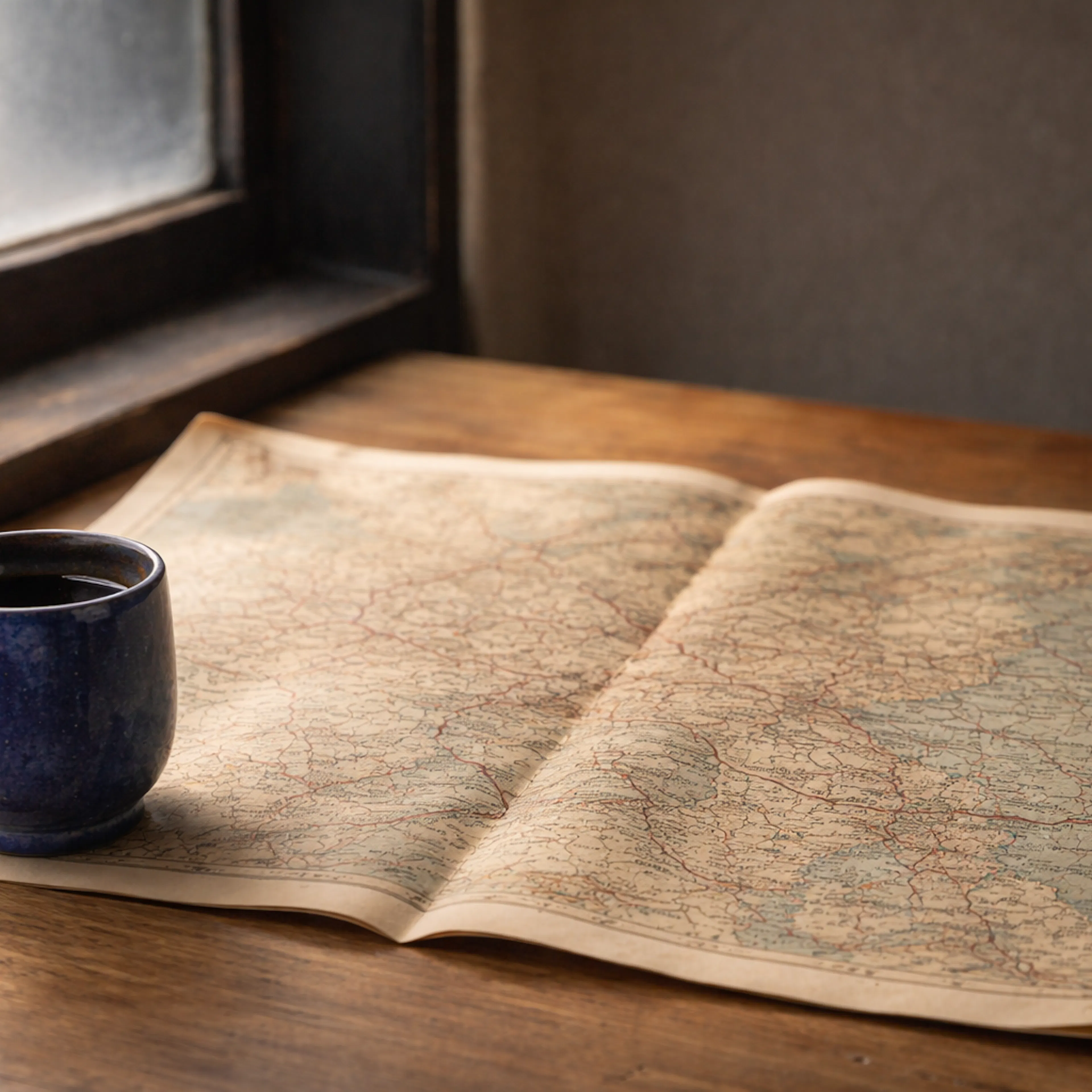 An aged folded paper map spread open